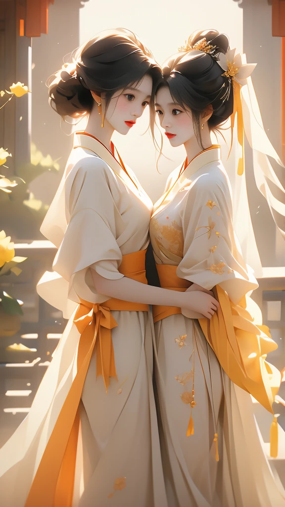 the a like girl beautiful chinese women embracing, in the style of fairycore, dark white and light white, lovely, soft femininity, dark yellow and light red