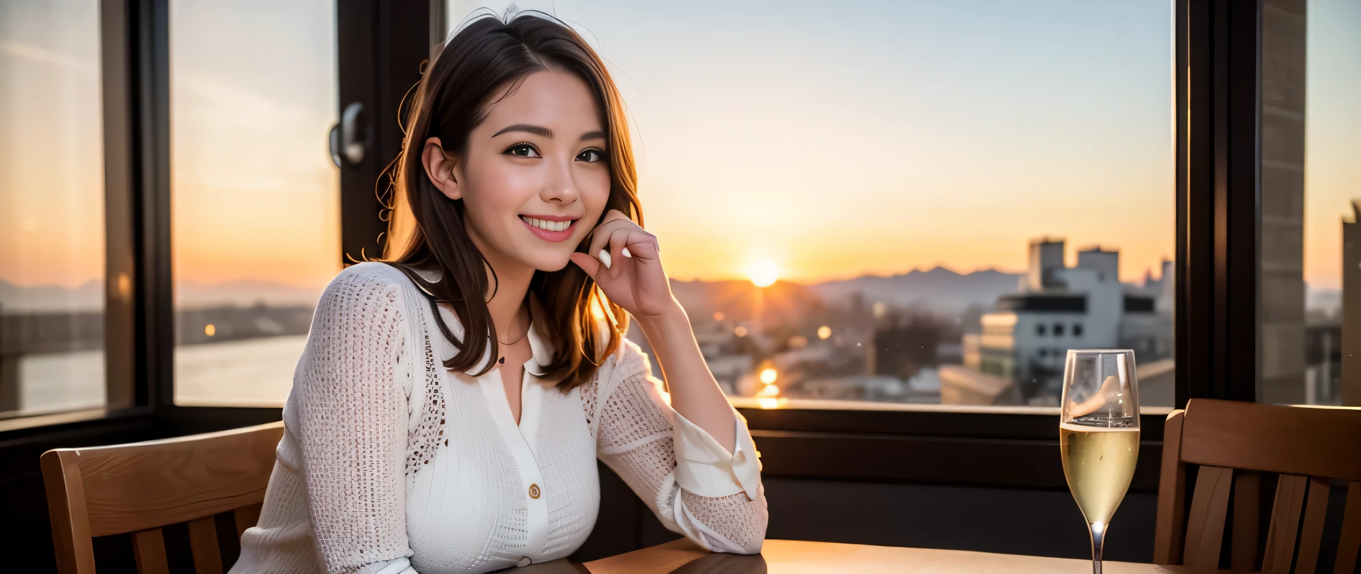 64k, Hmm, highest quality, masterpiece: 1.2), (realistic, photorealistic: 1.37), Spectacular sunset view、3 slim beauties, (slim face),Happy、 the best smile、Fox face、Berry Short、(because I&#39;thin), (brown hair), (shortcut), long sleeve shirt、winter fashion、Colombian、Brazilian、Japanese、Dutch、German、Portuguese、Belgian、Italian、French,Champagne、sparkling wine、 (gush), (slim body), (brown hair), (shortcut), neat beauty、cheeks turn a little red, (40 years old), 38 years old, alone, A beautiful and detailed night view spreads out outside the window..., restaurant, wine glass is sitting, At night, in a prominent place (from the Upper body) nova frog style, actress, model, Upper body, White wine, slim, wine glass, very beautiful night view, wine glass Put in the Middle, Happy smile, (smile: 1.15), 