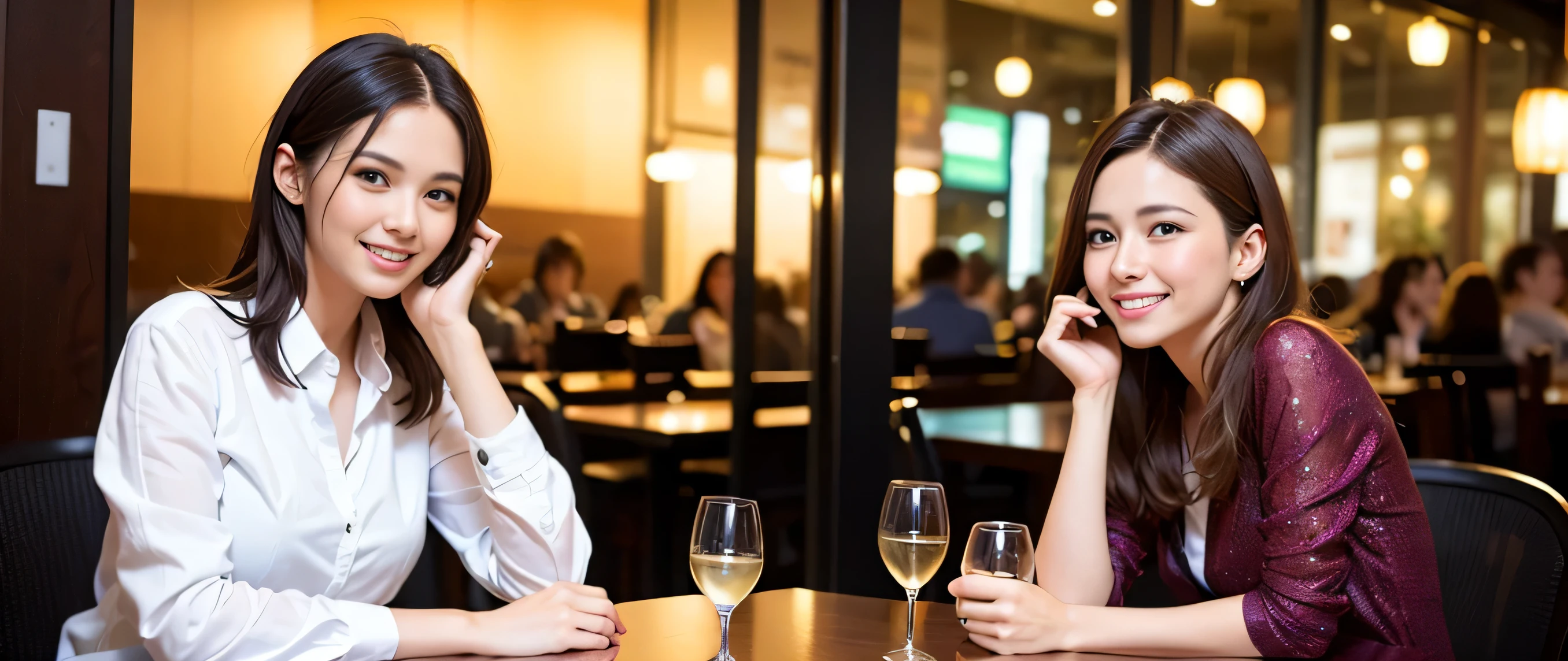 64k, Hmm, highest quality, masterpiece: 1.2), (realistic, photorealistic: 1.37), Spectacular sunset view、3 slim beauties, (slim face),Happy、 the best smile、Fox face、Berry Short、(because I&#39;thin), (brown hair), (shortcut), long sleeve shirt、winter fashion、Colombian、Brazilian、Japanese、Dutch、German、Portuguese、Belgian、Italian、French,Champagne、sparkling wine、 (gush), (slim body), (brown hair), (shortcut), neat beauty、cheeks turn a little red, (40 years old), 38 years old, alone, A beautiful and detailed night view spreads out outside the window..., restaurant, wine glass is sitting, At night, in a prominent place (from the Upper body) nova frog style, actress, model, Upper body, White wine, slim, wine glass, very beautiful night view, wine glass Put in the Middle, Happy smile, (smile: 1.15), 