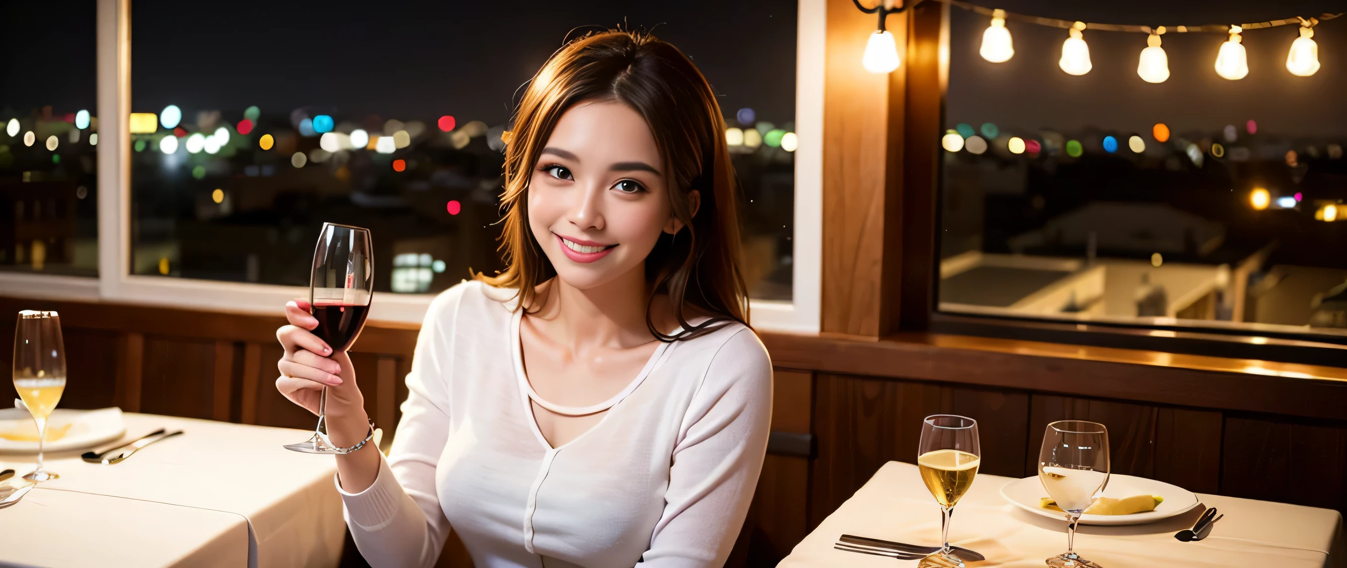 64k, Hmm, highest quality, masterpiece: 1.2), (realistic, photorealistic: 1.37), Spectacular sunset view、3 slim beauties, (slim face),Happy、 the best smile、Fox face、Berry Short、(because I'thin), (brown hair), (shortcut), long sleeve shirt、winter fashion、Colombian、Brazilian、Japanese、Dutch、German、Portuguese、Belgian、Italian、French,Champagne、sparkling wine、 (gush), (slim body), (brown hair), (shortcut), neat beauty、cheeks turn a little red, (40 years old), 38 years old, alone, A beautiful and detailed night view spreads out outside the window..., restaurant, wine glass is sitting, At night, in a prominent place (from the Upper body) nova frog style, actress, model, Upper body, White wine, slim, wine glass, very beautiful night view, wine glass Put in the Middle, Happy smile, (smile: 1.15),