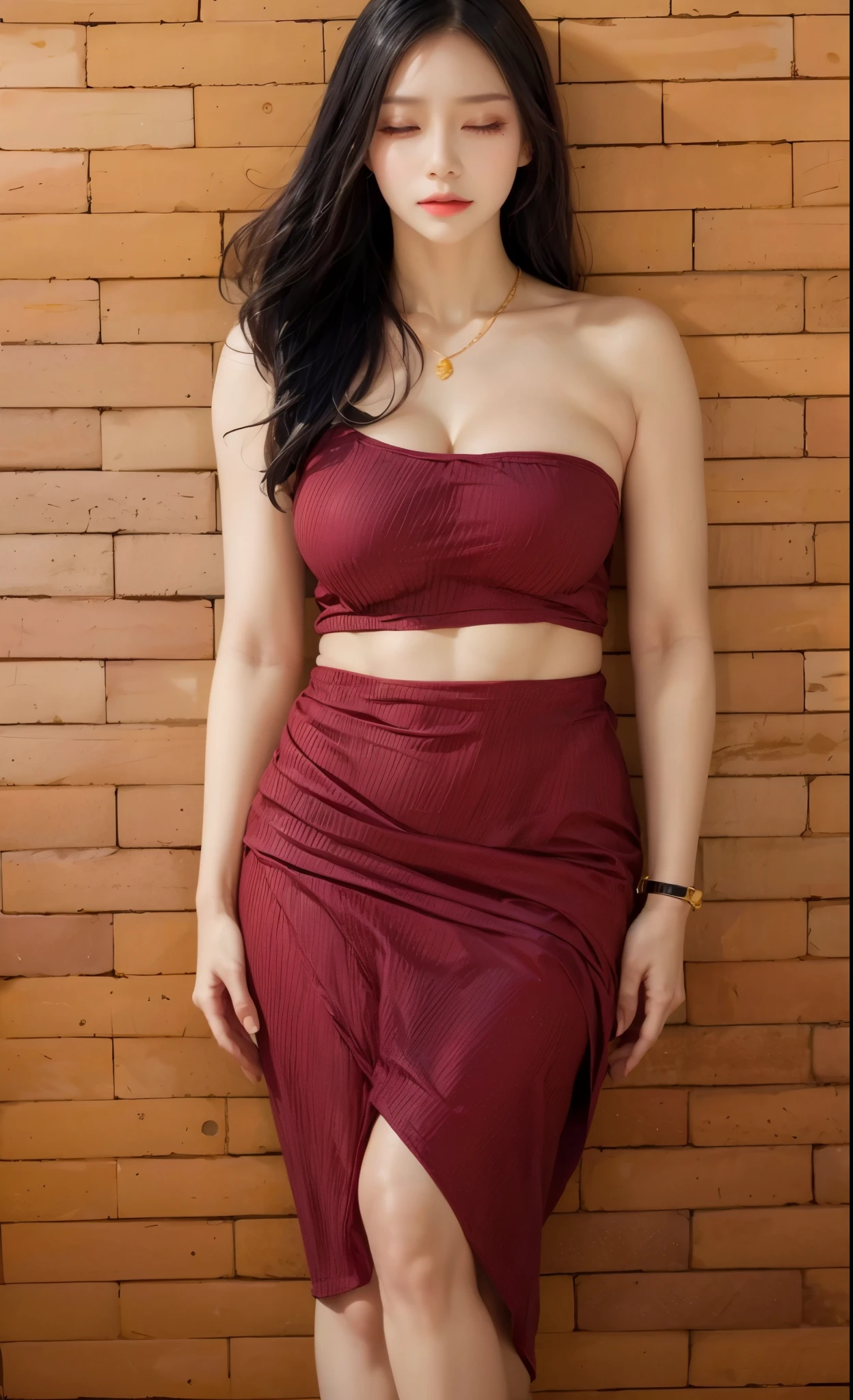 realistic, 1 women, best quality, 12k, HD, closed eyes, long hair, big round breasts, cleavage, ponytail, necklace, jewelry, shorts, short jacket, slim hips, hair tie, yellow eyes, black hair, super detailed, Eye details, hair details, person details, mouth details, face details, breast details, clothes details, hair details, pants details, hand details, whole body