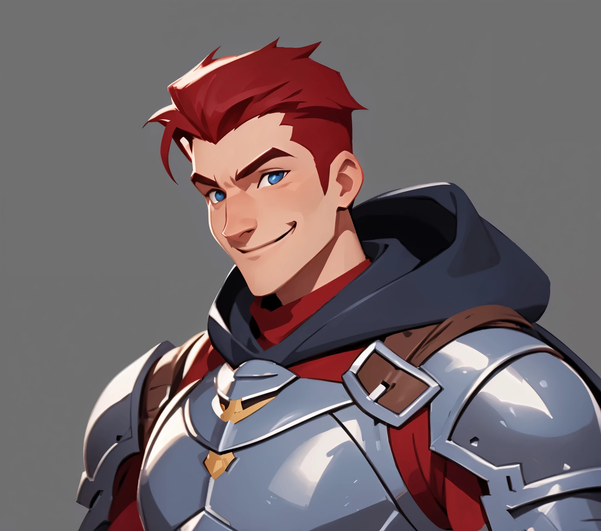 Male, 15 years old, dark knight, red hair, wearing heavy armor (black), concept drawing, European and American cartoons, blue will-o'-wisps, evil knight, game character design, loneliness, background, gray background, body, standing, Smile, hood, jewelry, belt, gems,