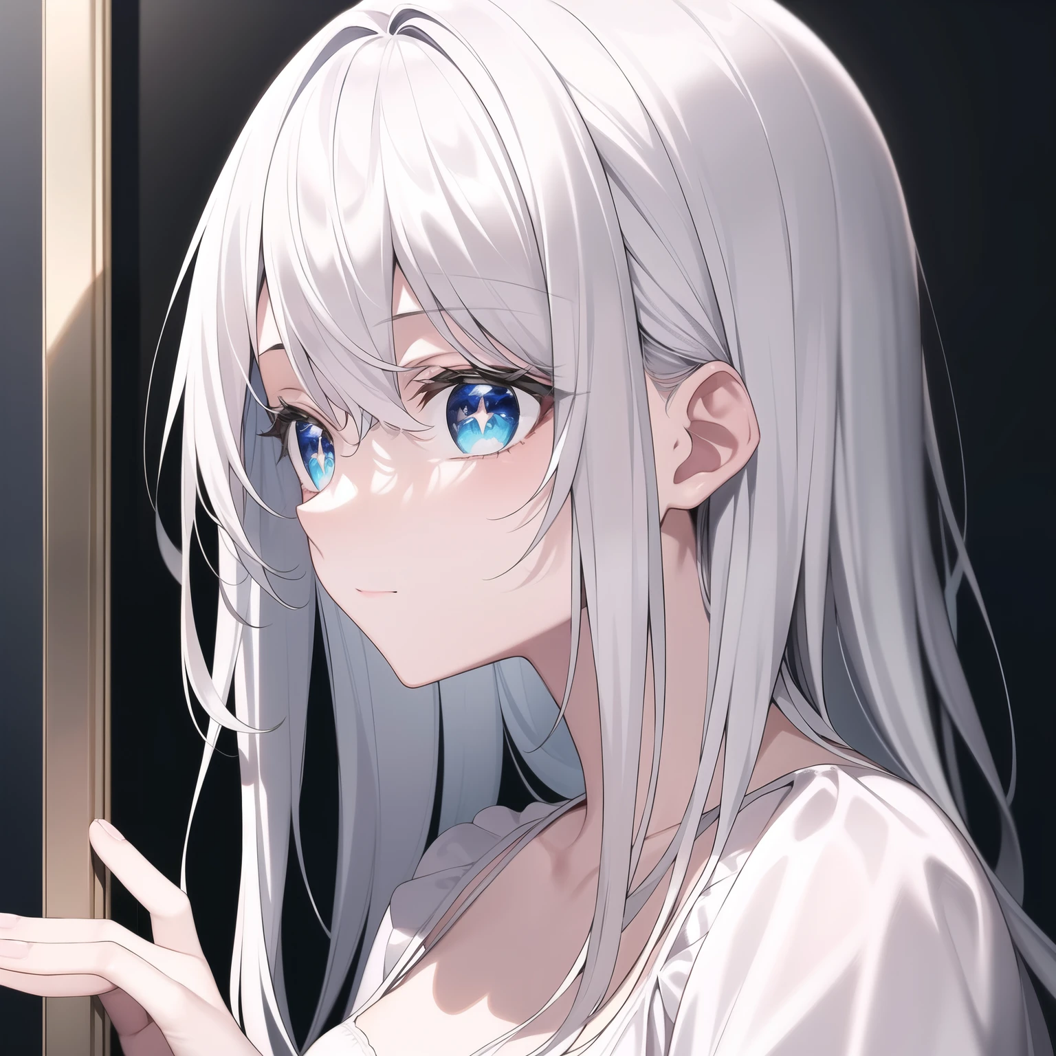 ((masterpiece, best quality))++, detail light+, detail hair+, Detail hand+ ,1 girl, Honey, long gray hair, dark blue eyes, beautiful eyes, Young gray hair,,(beautiful white hair:1.5),(beautiful eyes), high resolution+, a black nightgown, Glass tones, Reflective eyeanyery detail wallpaper, The original, ,