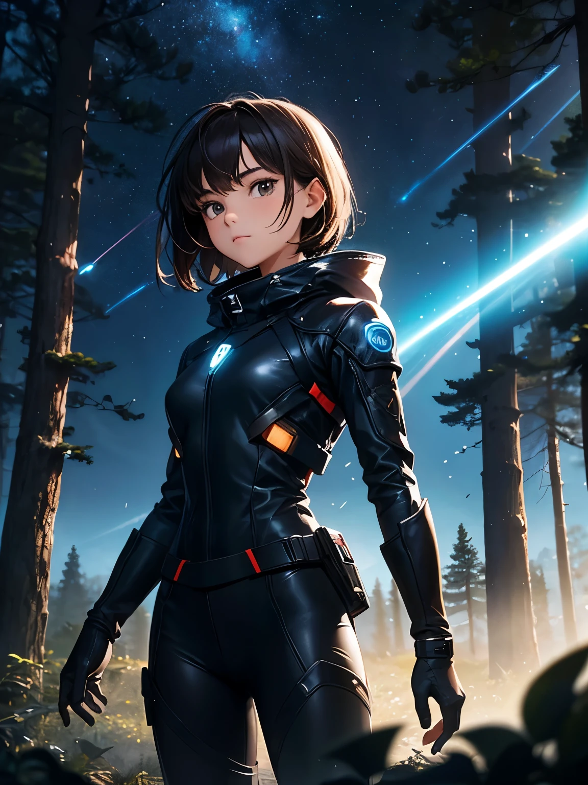 16-year-old teenage girl, beautiful, short brown hair, fair skin, in a mystical forest, wearing a full black costume of a space fighter who adjusts to the body, with brautiful sun background