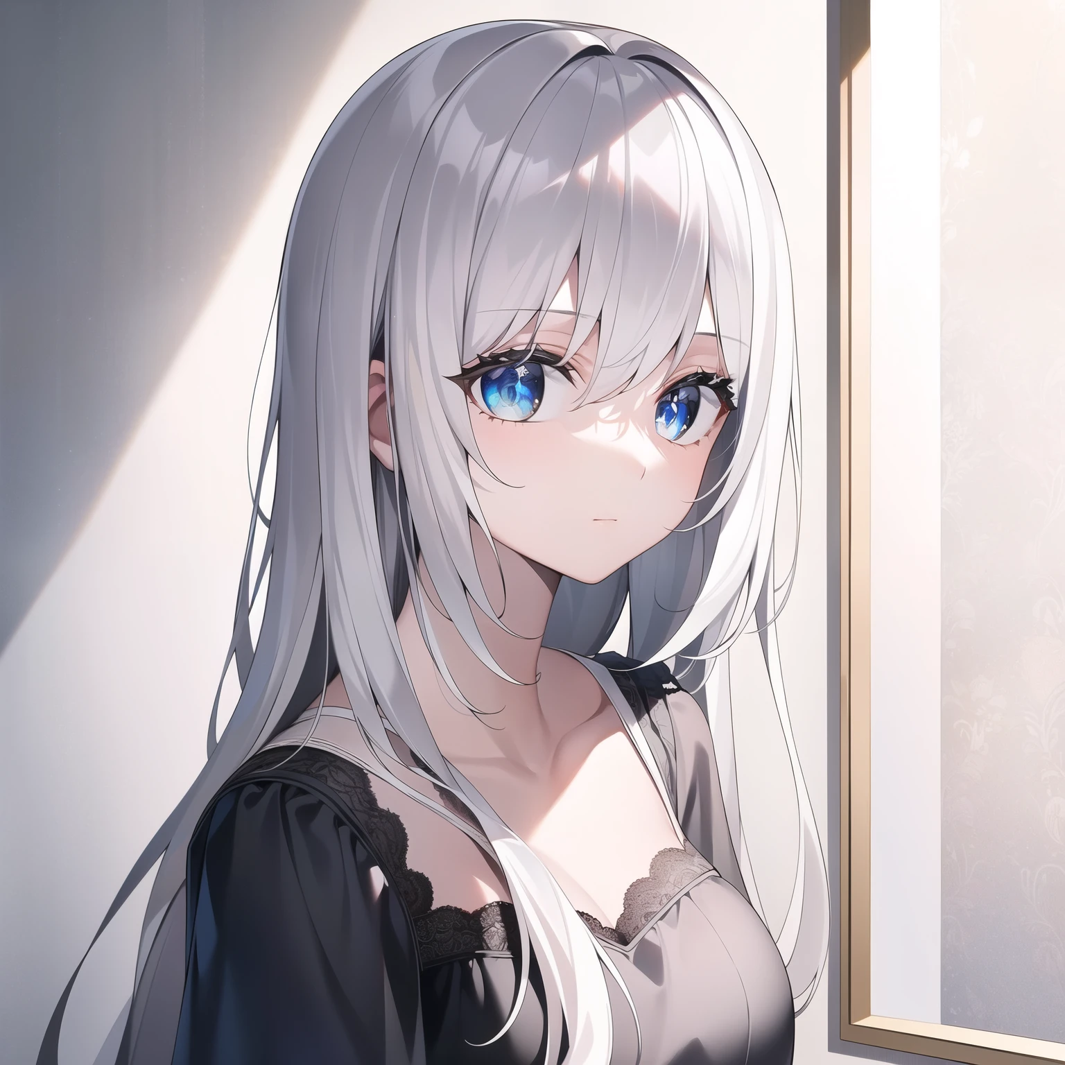 ((masterpiece, best quality))++, detail light+,  detail hair+, Detail hand+ ,1 girl, Honey, long gray hair,   dark blue eyes,  beautiful eyes, Young gray hair,,(beautiful white hair:1.5),(beautiful eyes),    high resolution+,    a black nightgown, Glass tones, Reflective eyeanyery detail wallpaper, The original, ,