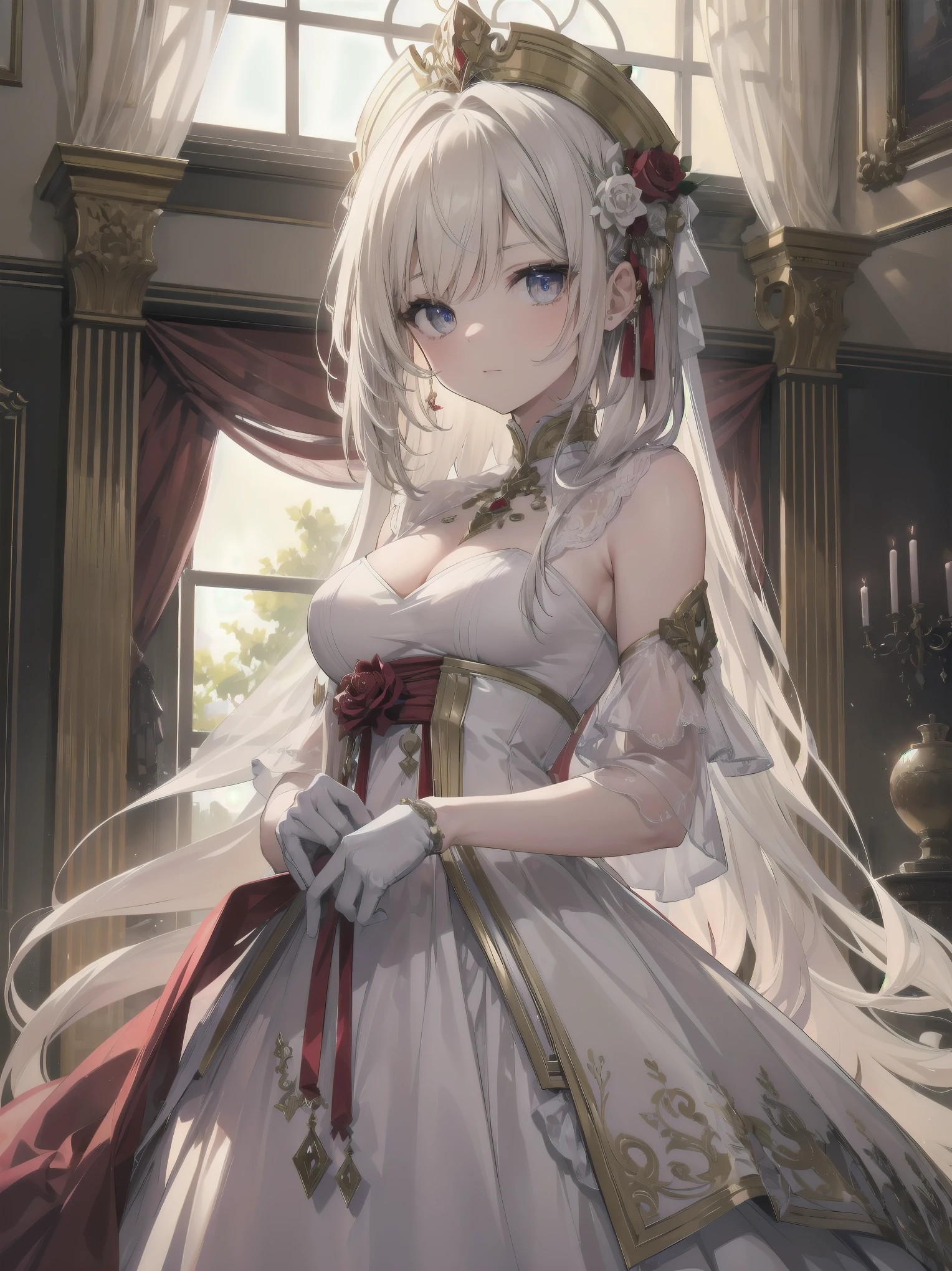 (masterpiece:1.2, best quality), (finely detailed beautiful eyes: 1.2), highres, (beautiful detailed face), (1girl:1.2), BREAK
A character in a red and white dress with gold ornaments stands in front of a red curtain and a window with gold ornaments. The dress is gorgeous and refined, with a multi-layer structure. The character has long and flowing hair with flowers on it, and wears gloves. She has a noble and fragile trait. The light from the window creates a fantastical atmosphere, and the curtain and the window are carefully drawn. The image has a warm tone.