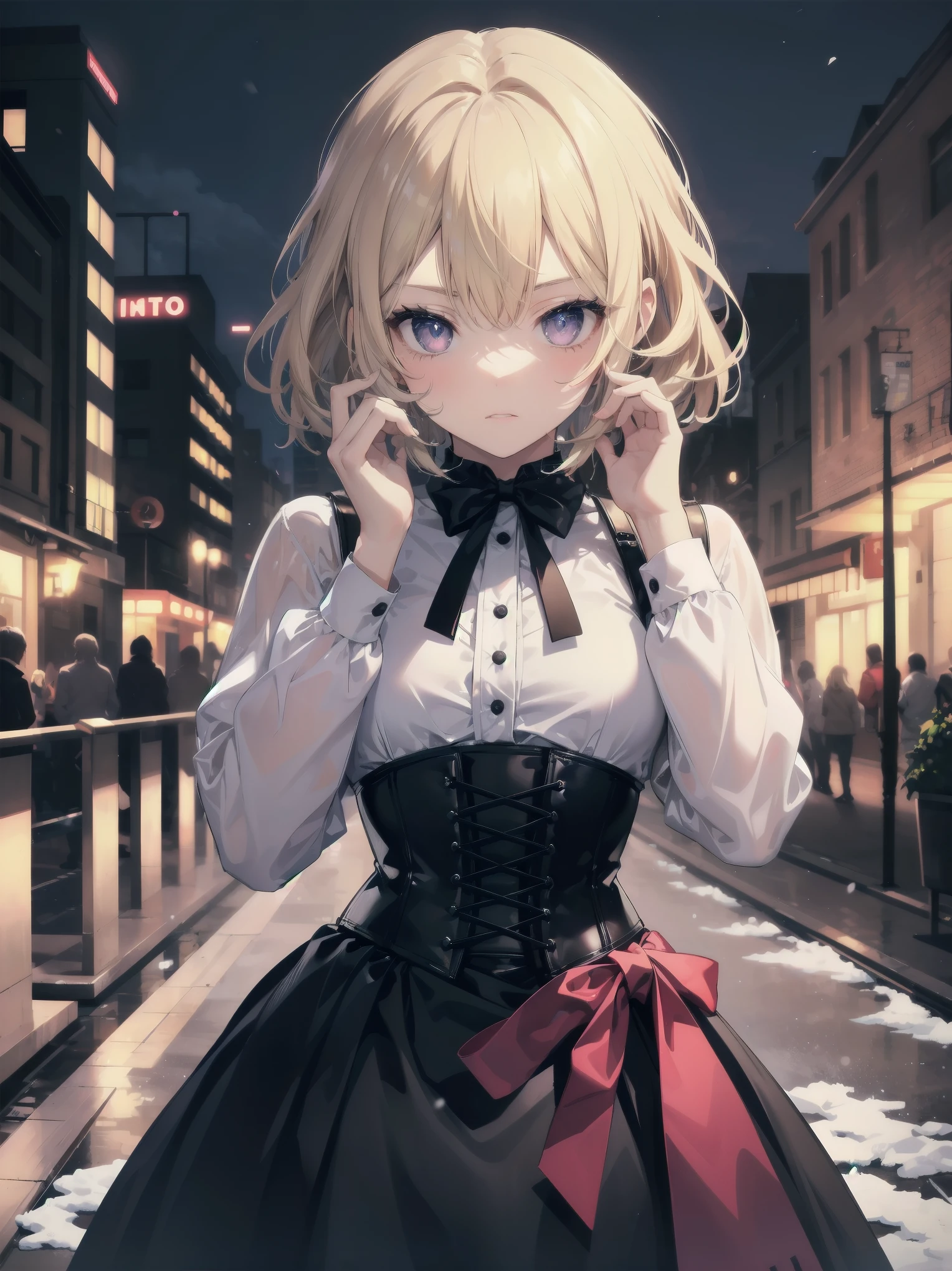 Masterpieces, high quality, high image quality.
With background: cityscape on a snowy night.A precise three-dimensional thought is used to depict buildings and cityscapes in a detailed manner. Shape: -yeld gi Her hairstyle is a one-length bob, her hair colour is blonde, her hair texture is wavy. Expression and eyes: serious expression, eyes are blue, realistic and complex eyes. Clothing: Black and purple gothic clothing. Long sleeves and skirt, with corset. Pose: cute gestures, incredibly cute pose anyway Effect: focus on face from above. Style: final fantasy style.
Special elements: fantastic.