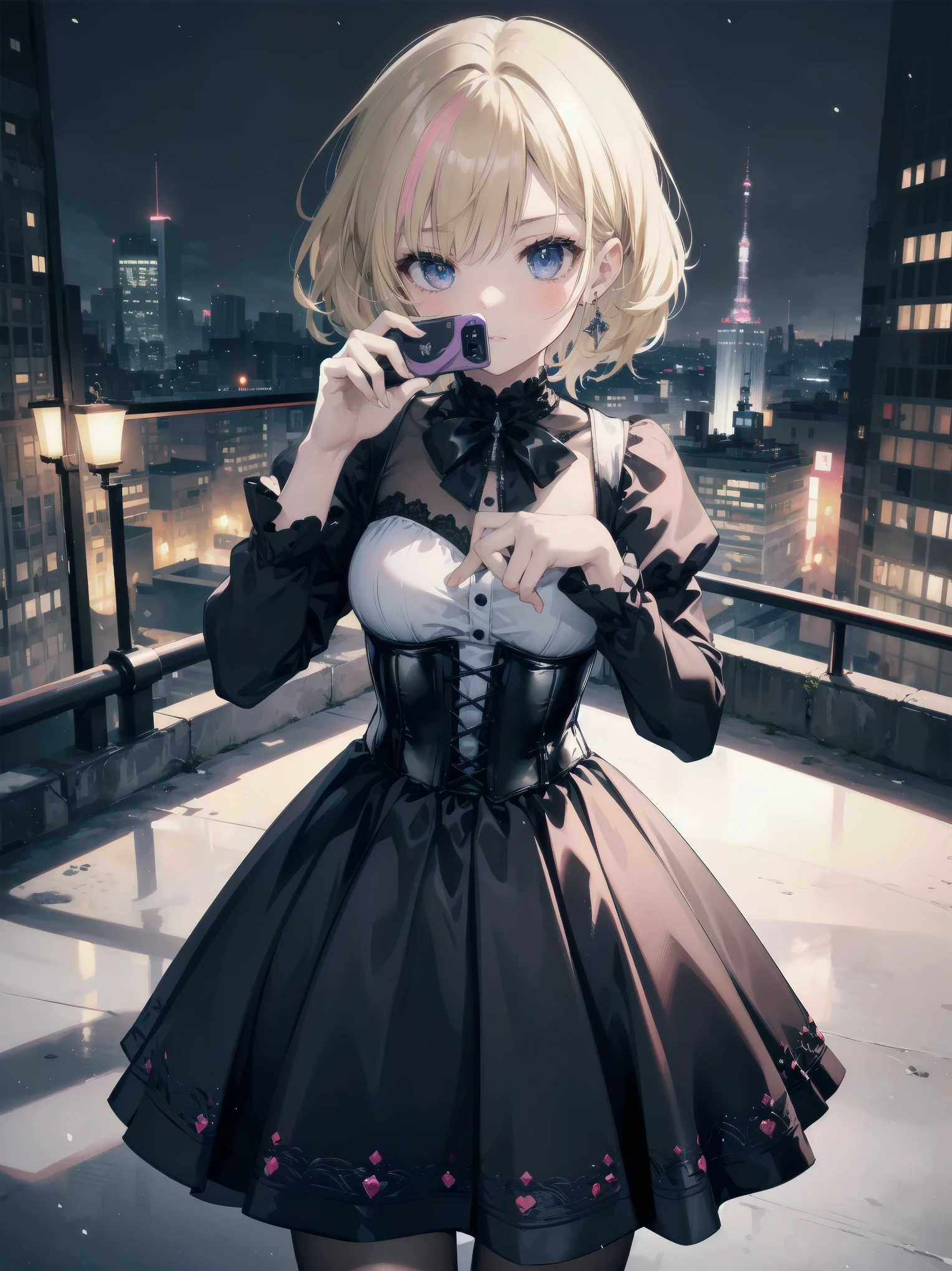 Masterpieces, high quality, high image quality.

With background: cityscape on a snowy night.A precise three-dimensional thought is used to depict buildings and cityscapes in a detailed manner. Shape: -yeld gi Her hairstyle is a one-length bob, her hair colour is blonde, her hair texture is wavy. Expression and eyes: serious expression, eyes are blue, realistic and complex eyes. Clothing: Black and purple gothic clothing. Long sleeves and skirt, with corset. Pose: cute gestures, incredibly cute pose anyway Effect: focus on face from above. Style: final fantasy style.
Special elements: fantastic.
