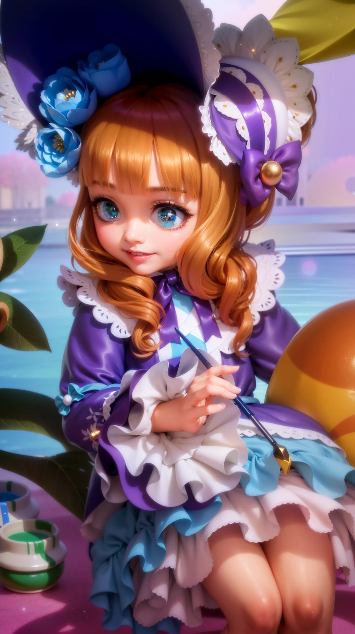 (8k, RAW photo, photorealistic:1.25) ,( lipgloss, eyelashes, gloss-face, glossy skin, best quality, ultra highres, depth of field, chromatic aberration, caustics, Broad lighting, natural shading, looking at viewer with a serene and goddess-like happiness, change from mobile legend game, brown hair, green eyes, purple ribbon, kimono outfit, dynamic pose, outer space, relisem, 4k, hd, 1080p, smile.