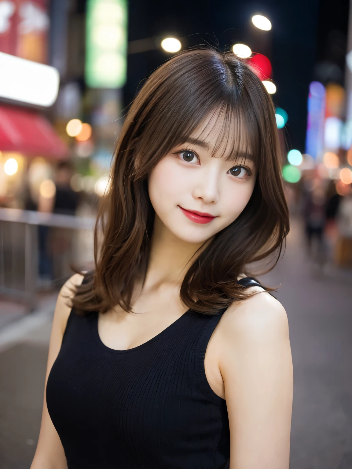 table top, highest quality, shape, Super detailed, finely, High resolution, 8k wallpaper, 完璧なダイナミックな構shape, finelyて美しい目, wearing a black tank top,medium hair,natural color lip, smile,Harajuku、age girl、cute、looking at the camera、C cup、brown hair、Blurred night new york background