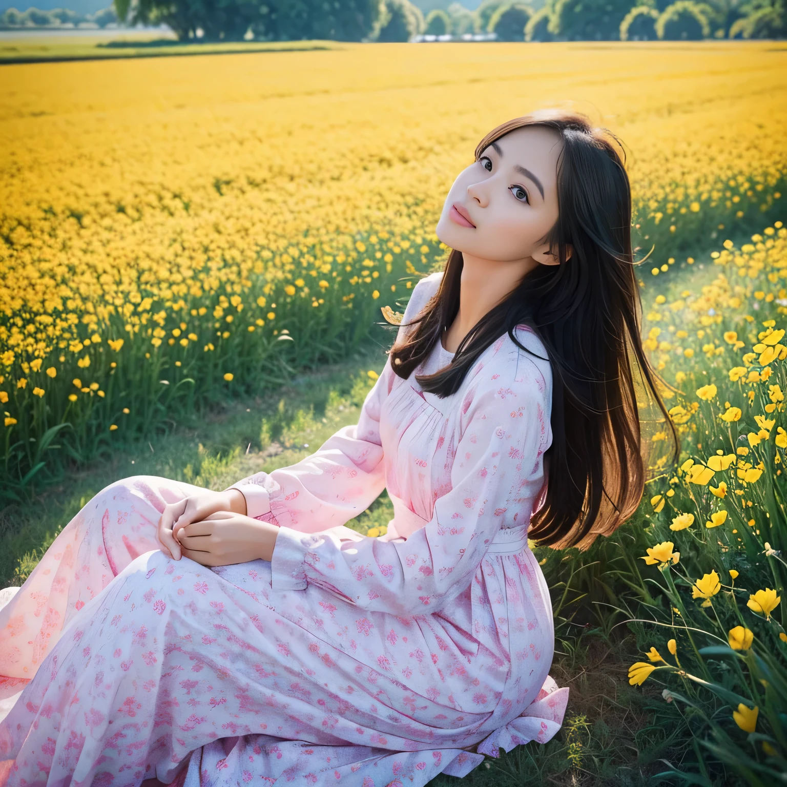 TYPE : Beauty Photography
THEME : natural
RACE : Indonesian, young
PERSON 1 : Early 20s, woman
SCENE : outdoor , sitting in the middle of a field of very tall and beautiful flower field, side view , full filled with tall flower field, creating an beauty atmosphere , wind blowing effect, beautiful expression , graceful pose .
PROPS: : fields of tall flower field, blue sky , wearing soft pink patterned long dress, wind blow
CAMERA : photographed using an Canon eos 90d DSLR camera with 18-135mm lens , detail skin texture , detailed face , close up , low exposure
ANGLE : High Dynamic Range (HDR) shot