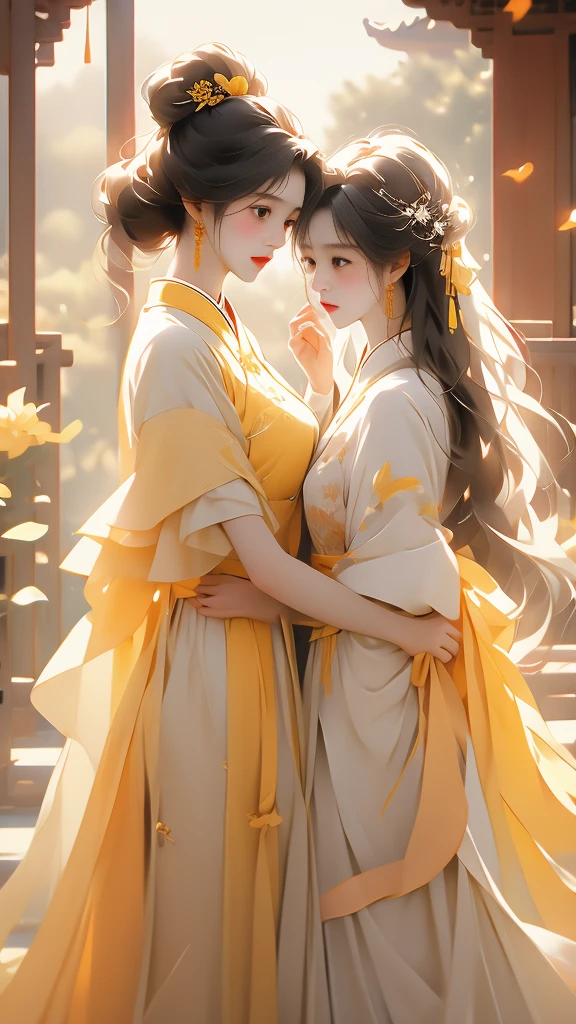 the a like girl beautiful chinese women embracing, in the style of fairycore, dark white and light white, lovely, soft femininity, dark yellow and light red