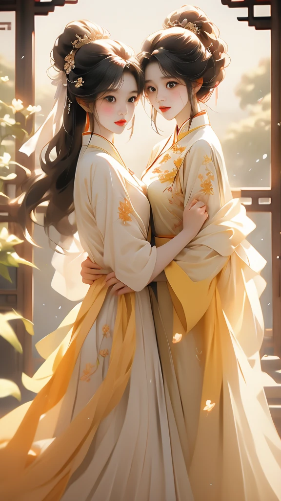 the a like girl beautiful chinese women embracing, in the style of fairycore, dark white and light white, lovely, soft femininity, dark yellow and light red