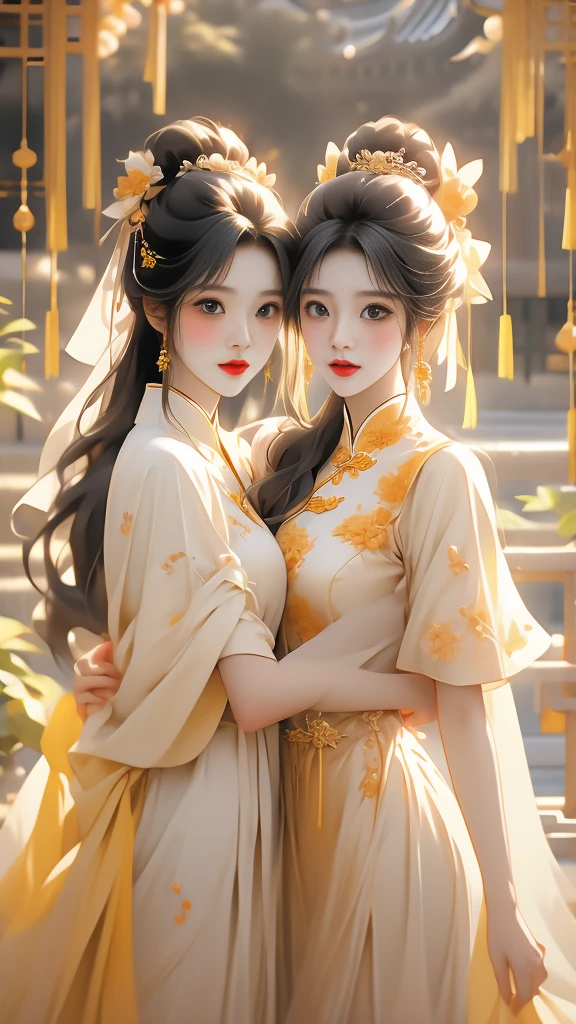 the a like girl beautiful chinese women embracing, in the style of fairycore, dark white and light white, lovely, soft femininity, dark yellow and light red