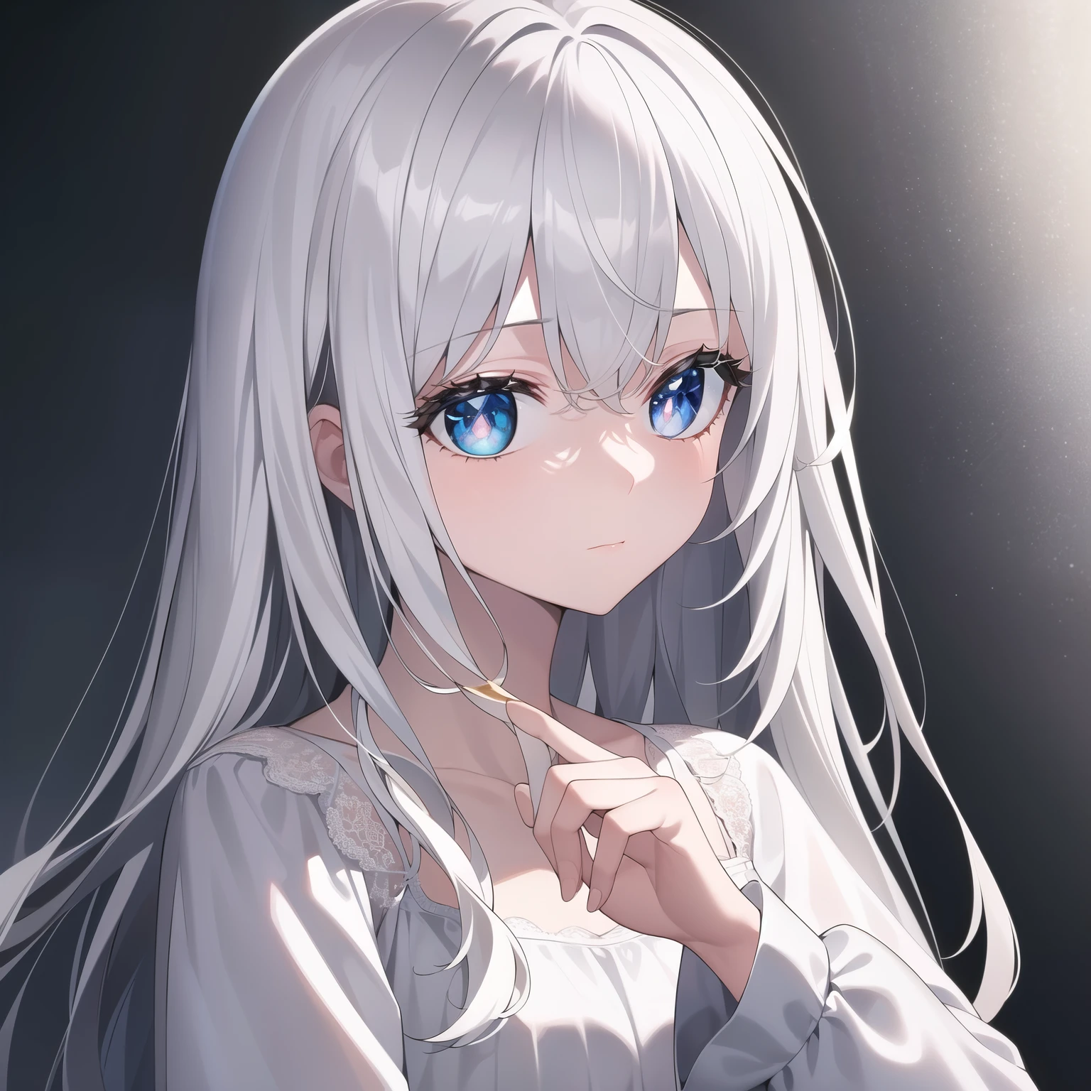 ((masterpiece, best quality))++, detail light+, detail hair+, Detail hand+ ,1 girl, Honey, long gray hair, dark blue eyes, beautiful eyes, Young gray hair,,(beautiful white hair:1.5),(beautiful eyes), high resolution+, a black nightgown, Glass tones, Reflective eyeanyery detail wallpaper, The original, ,