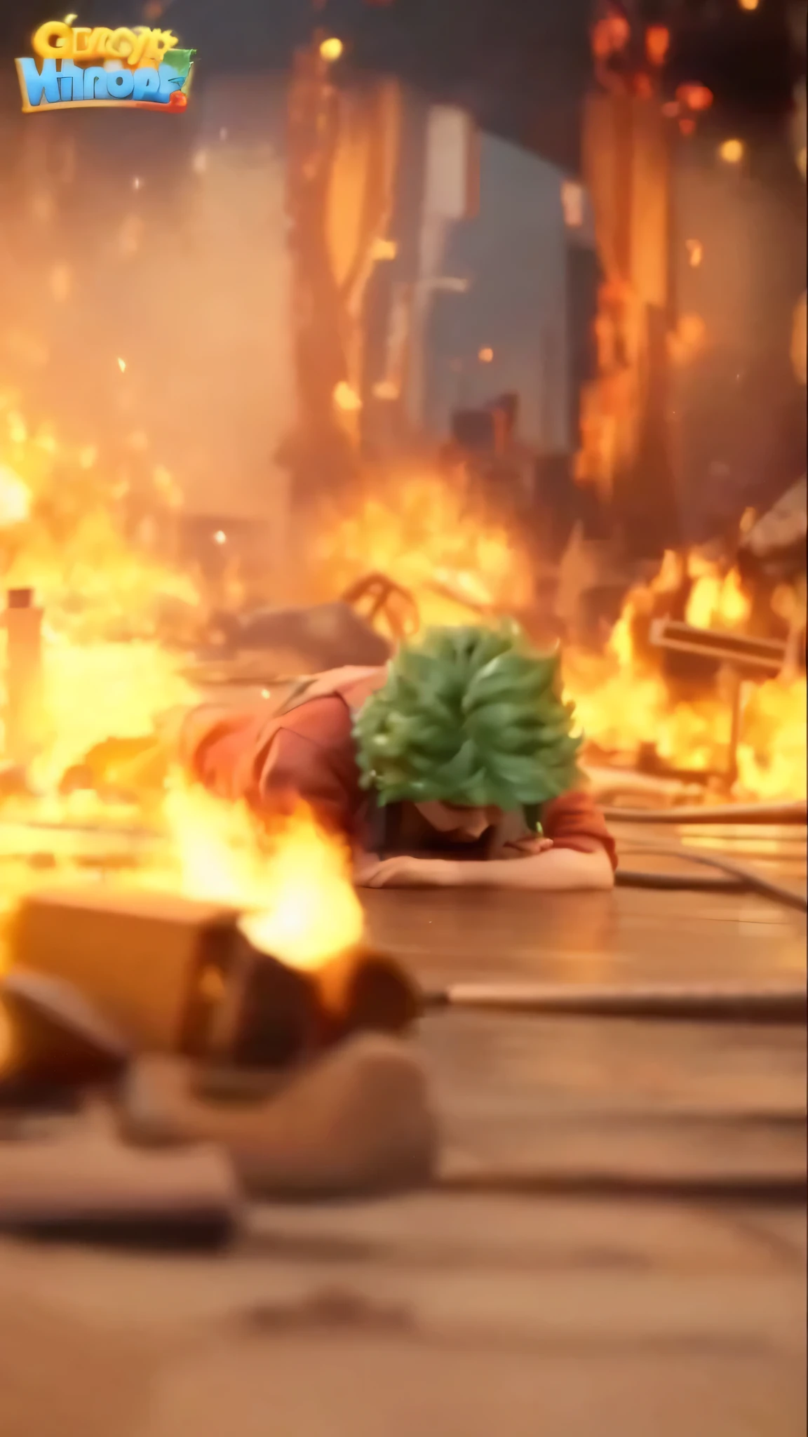 a close up of a person laying on a floor near a fire, burning scene in the background, cinematic shot!, epic cinematic still, pixar movie screenshot, the background is on fire, frame from pixar movie, screenshot from black clover, pixar octane render, global illumination. vfx, explosions all around, detailed cinematic shot, render in pixar