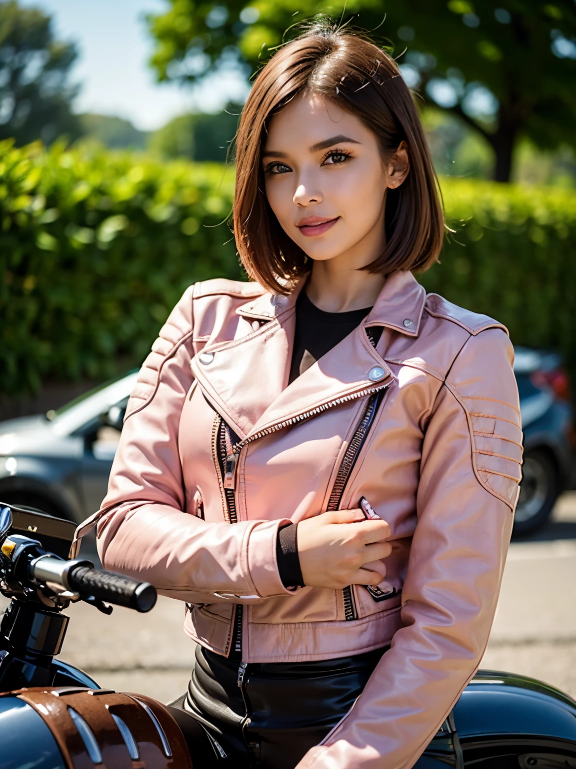 ((best quality)), ((masterpiece)), ((perfect face))、（(detailed motorcycle)）、Detailed and clear photos、((riding a motorcycle))、slender body、long legs、((full body shot))、smile、((Pink long sleeve riding jacket and leather pants))、(((brown short hair)))