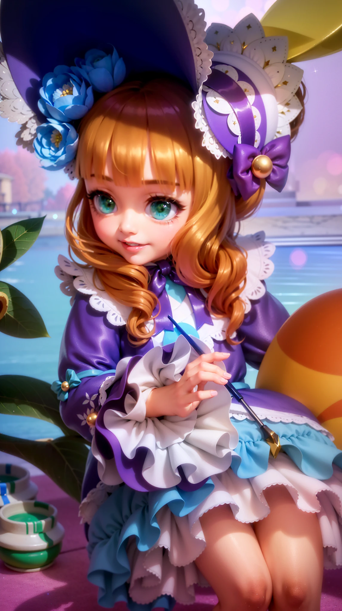 (8k, RAW photo, photorealistic:1.25) ,( lipgloss, eyelashes, gloss-face, glossy skin, best quality, ultra highres, depth of field, chromatic aberration, caustics, Broad lighting, natural shading, looking at viewer with a serene and goddess-like happiness, change from mobile legend game, brown hair, green eyes, purple ribbon, kimono outfit, dynamic pose, outer space, relisem, 4k, hd, 1080p, smile.