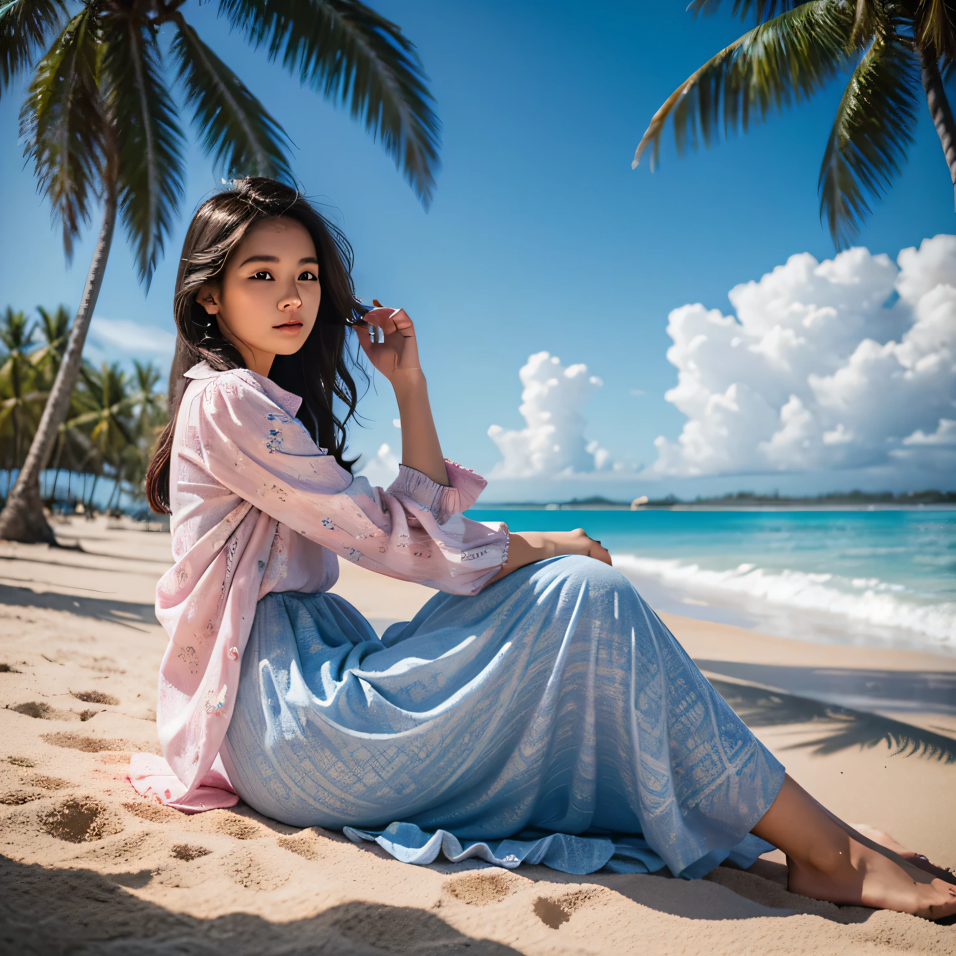 TYPE : Beauty Photography
THEME : natural
RACE : Indonesian, young
PERSON 1 : Early 20s, woman
SCENE : outdoor , sitting in the middle White sand beach, side view , beautiful blue waves, creating an beauty atmosphere , wind blowing effect, beautiful expression , wearing closed long sleeve and skirt dress
PROPS: : White sand beach, beautiful blue waves , coconut trees , shell, blue sky  , wearing soft pink patterned closed long sleeve dress, and long skirt dress, wind blow 
CAMERA : photographed using an Canon eos 90d DSLR camera with 18-135mm lens , detail skin texture , detailed face , close up , low exposure
ANGLE : High Dynamic Range (HDR) shot

