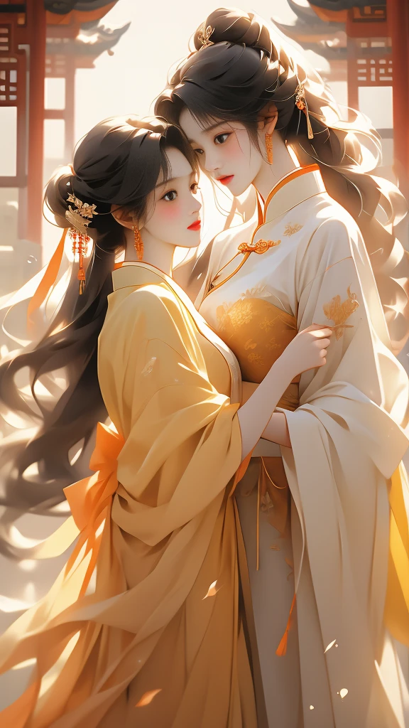 the a like girl beautiful chinese women embracing, in the style of fairycore, dark white and light white, lovely, soft femininity, dark yellow and light red