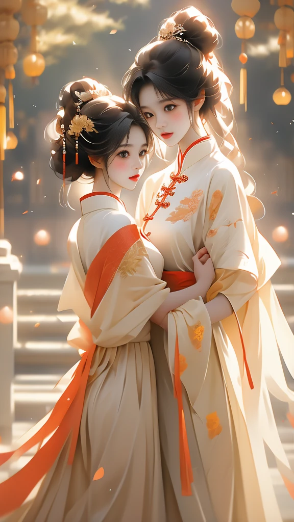 the a like girl beautiful chinese women embracing, in the style of fairycore, dark white and light white, lovely, soft femininity, dark yellow and light red