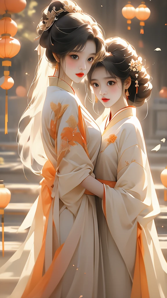 the a like girl beautiful chinese women embracing, in the style of fairycore, dark white and light white, lovely, soft femininity, dark yellow and light red