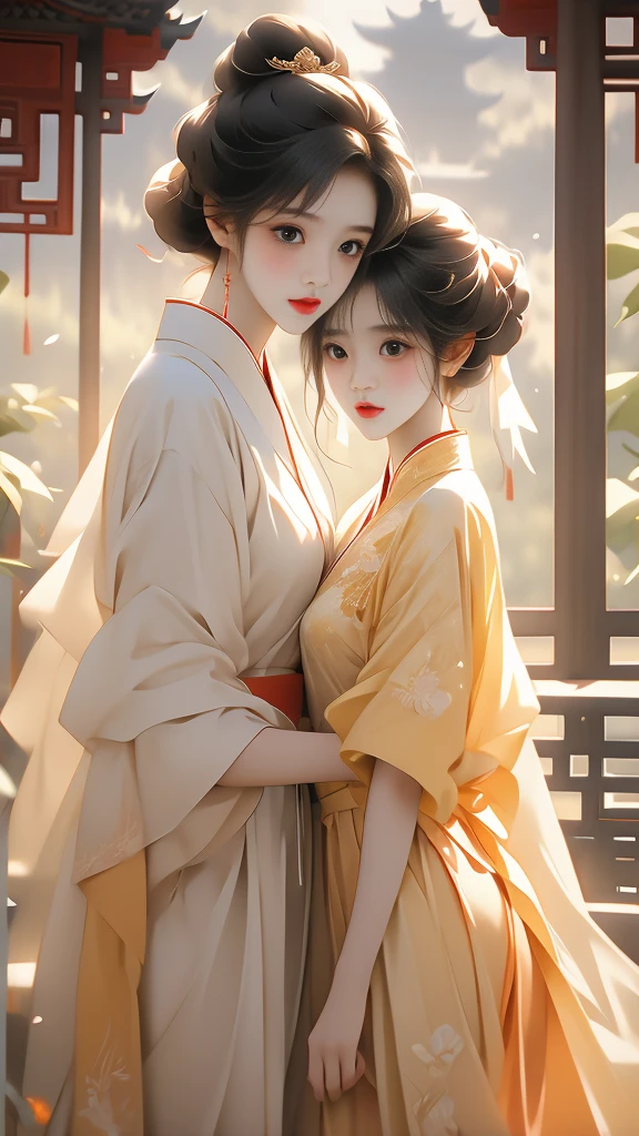 the a like girl beautiful chinese women embracing, in the style of fairycore, dark white and light white, lovely, soft femininity, dark yellow and light red