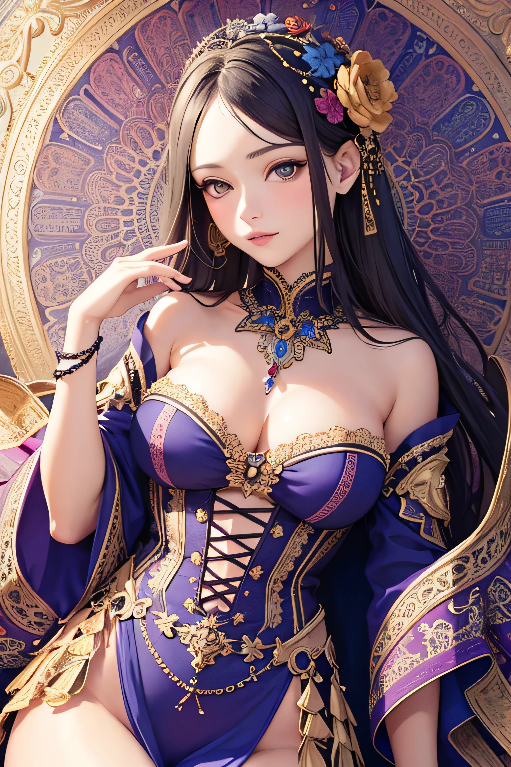 "Create an exquisite image representing top quality and official artistry. It features a girl depicted with intricate detail and realism, possessing exceptional beauty and allure. By incorporating colorful patterns and elements of fractal art, it is made even more captivating. Each detail is meticulously crafted, ensuring its highest level of quality."