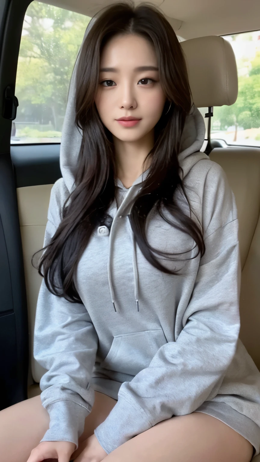 ((top-quality、8k、masterpiece:1.3))、Beautiful woman with perfect body:1.4、slim abdomen:1.2、Longhair, normal breast, Highly detailed facial and skin texture, A detailed eye, delicate eyes, double eyelid, (smile), (full body shot), ((in the car 1.1)), (sitting in the car), ((wearing hoodie)), looking in front