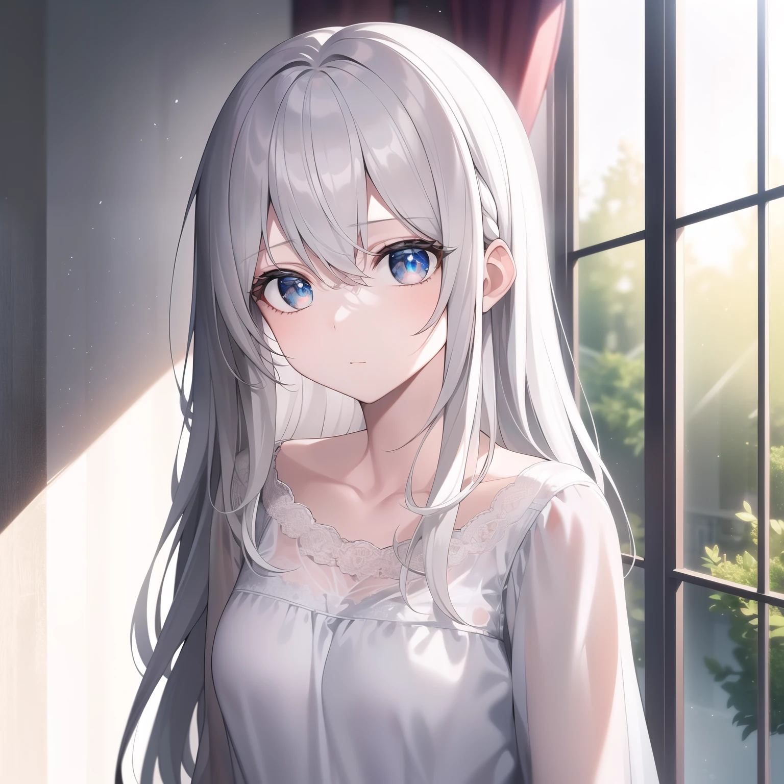 ((masterpiece, best quality))++, detail light+, detail hair+, Detail hand+ ,1 girl, Honey, long gray hair, dark blue eyes, beautiful eyes, Young gray hair,,(beautiful white hair:1.5),(beautiful eyes), high resolution+, a black nightgown, Glass tones, Reflective eyeanyery detail wallpaper, The original, ,