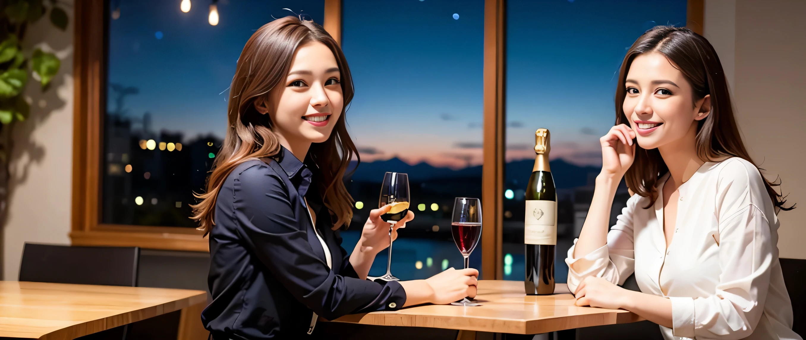 64k, UHD, highest quality, masterpiece: 1.2), (realistic, photorealistic: 1.37), Super detailed, 3 slim beauties, (slim face),Happy、 the best smile、Fox face、Berry Short、(Because I'm slender), (brown hair), (shortcut), long sleeve shirt、winter fashion、Colombian、Brazilian、Japanese、Dutch、German、Portuguese、Belgian、Italian、French,champagne、Sparkling wine、 (burst into laughter), (slim body), (brown hair), (short cut), Neat beauty、cheeks blush a little, (35 years old), 38 years old, alone, A beautiful and detailed night view spreads out outside the window.., restaurant, wine glass is sitting, At night, in a prominent place (from the Upper body) nova frog style, actress, model, Upper body, White wine, slim, wine glass, Super Clean Night View, wine glass Put in the Middle, Happy smile, (smile: 1.15),