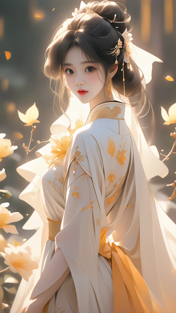 the a like girl beautiful chinese women embracing, in the style of fairycore, dark white and light white, lovely, soft femininity, dark yellow and light red
