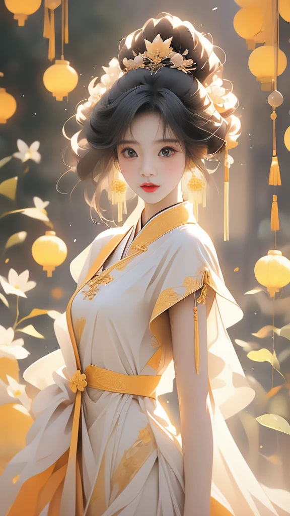 the a like girl beautiful chinese women embracing, in the style of fairycore, dark white and light white, lovely, soft femininity, dark yellow and light red