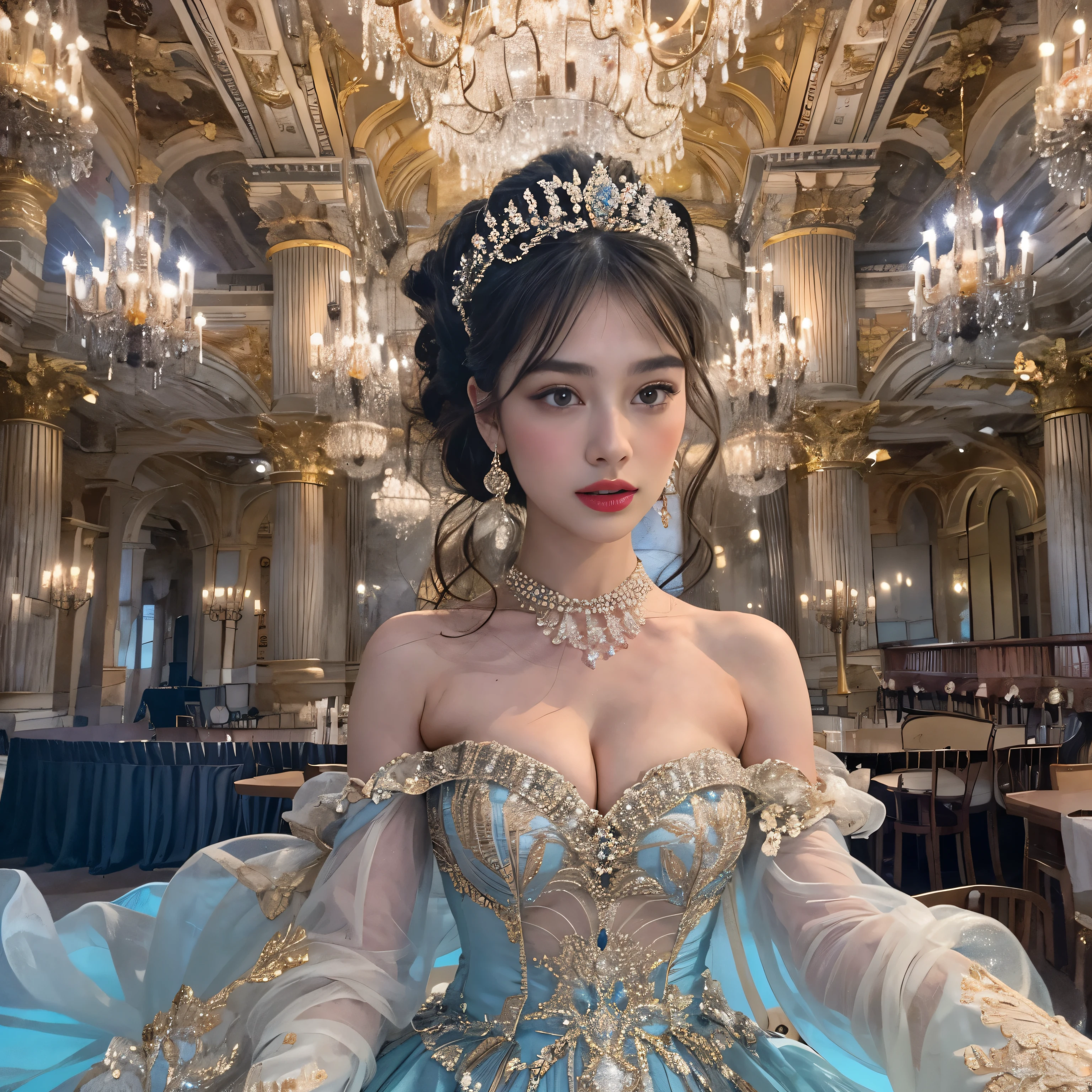 In the splendor of a magnificent palace, A princess in a court-style dress poses with a seductive smile. Her princess dress has intricate cascading ruffles.、Sparkles under the light like a movie。, Delicate expression of each thread and layer. The lovely skirt of her dress is sweeping the floor, Decorated with elegant flowers held in hand.
her roman curly hairstyle, reminds me of a queen, Cascade on her back, form a maximalist composition. tendrils of hair frame her face, meet between the eyebrows、Delicate bangs peeking out from the side. crystal chandelier above、relatively thick eyebrows、Very pale blue eyes、Beautiful white skin like porcelain、Keeping your eyes firmly on the viewer。
