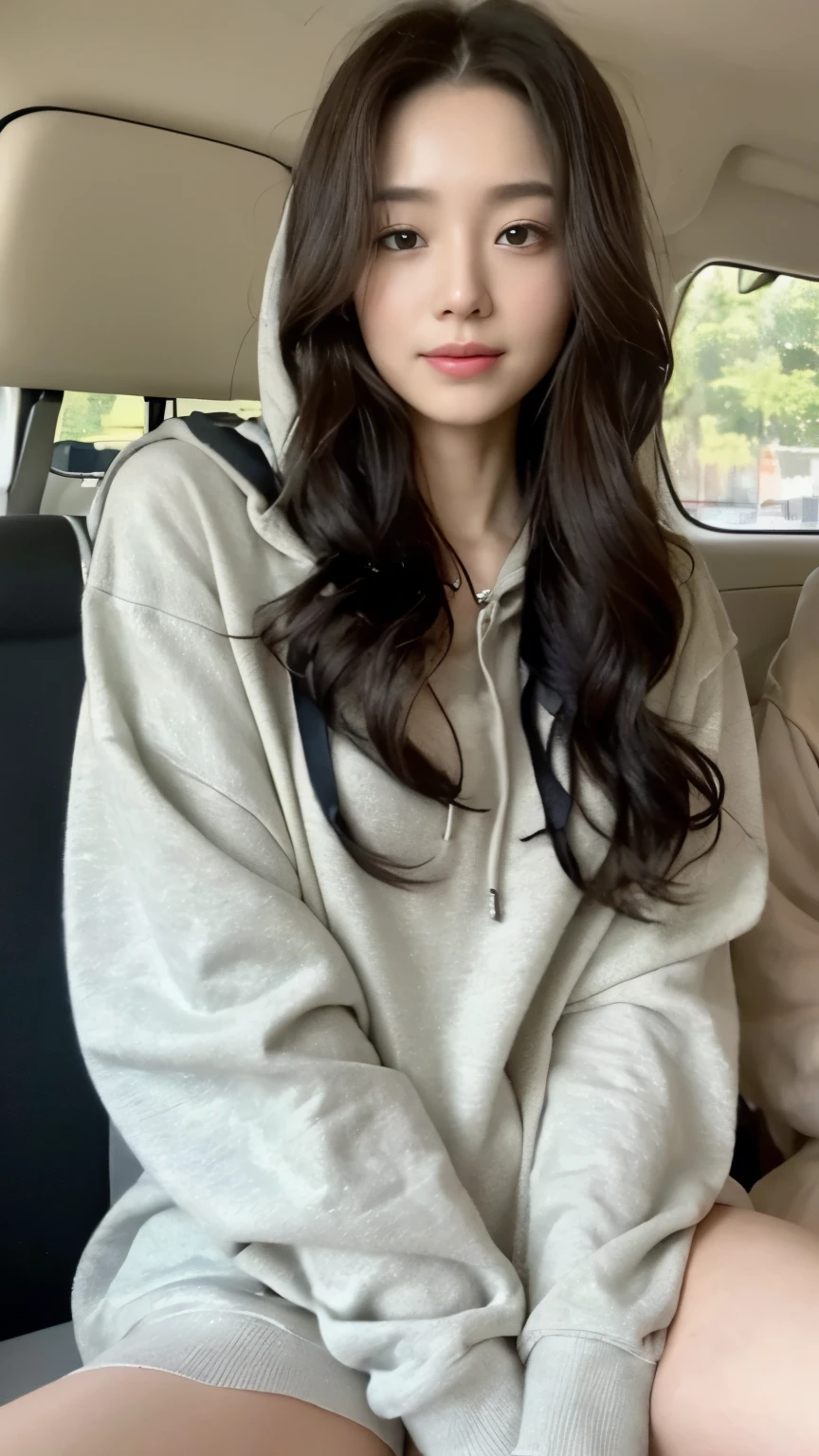 ((top-quality、8k、masterpiece:1.3))、Beautiful woman with perfect body:1.4、slim abdomen:1.2、Longhair, normal breast, Highly detailed facial and skin texture, A detailed eye, delicate eyes, double eyelid, (smile), (full body shot), ((in the car 1.1)), (sitting in the car), ((wearing hoodie)), looking in front