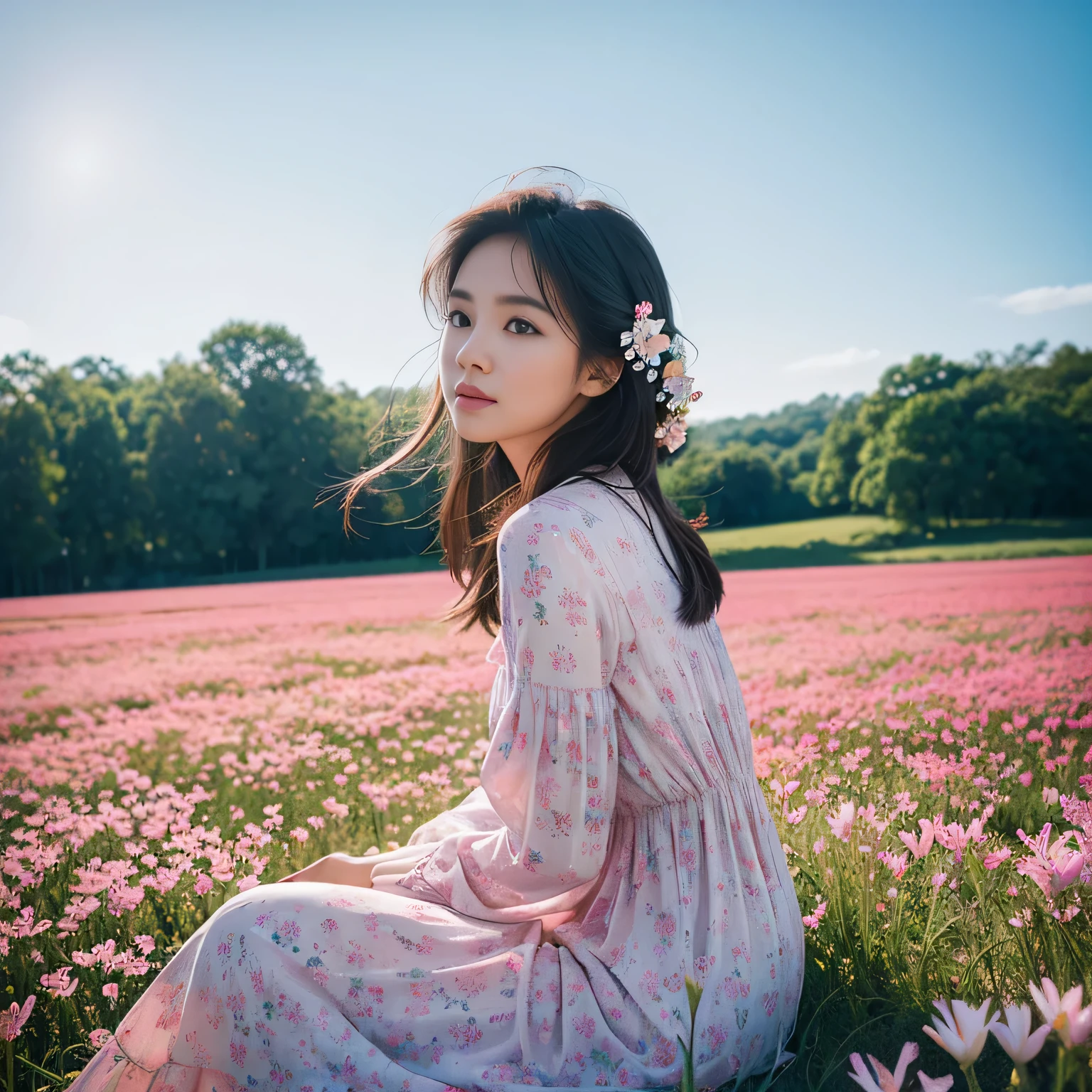 TYPE : Beauty Photography
THEME : natural
RACE : Indonesian, young
PERSON 1 : Early 20s, woman
SCENE : outdoor , sitting in the middle of a field of very tall and beautiful flower field, side view , full filled with tall flower field, creating an beauty atmosphere , wind blowing effect, beautiful expression , graceful pose .
PROPS: : fields of tall flower field, blue sky , wearing soft pink patterned long dress, wind blow
CAMERA : photographed using an Canon eos 90d DSLR camera with 18-135mm lens , detail skin texture , detailed face , close up , low exposure
ANGLE : High Dynamic Range (HDR) shot