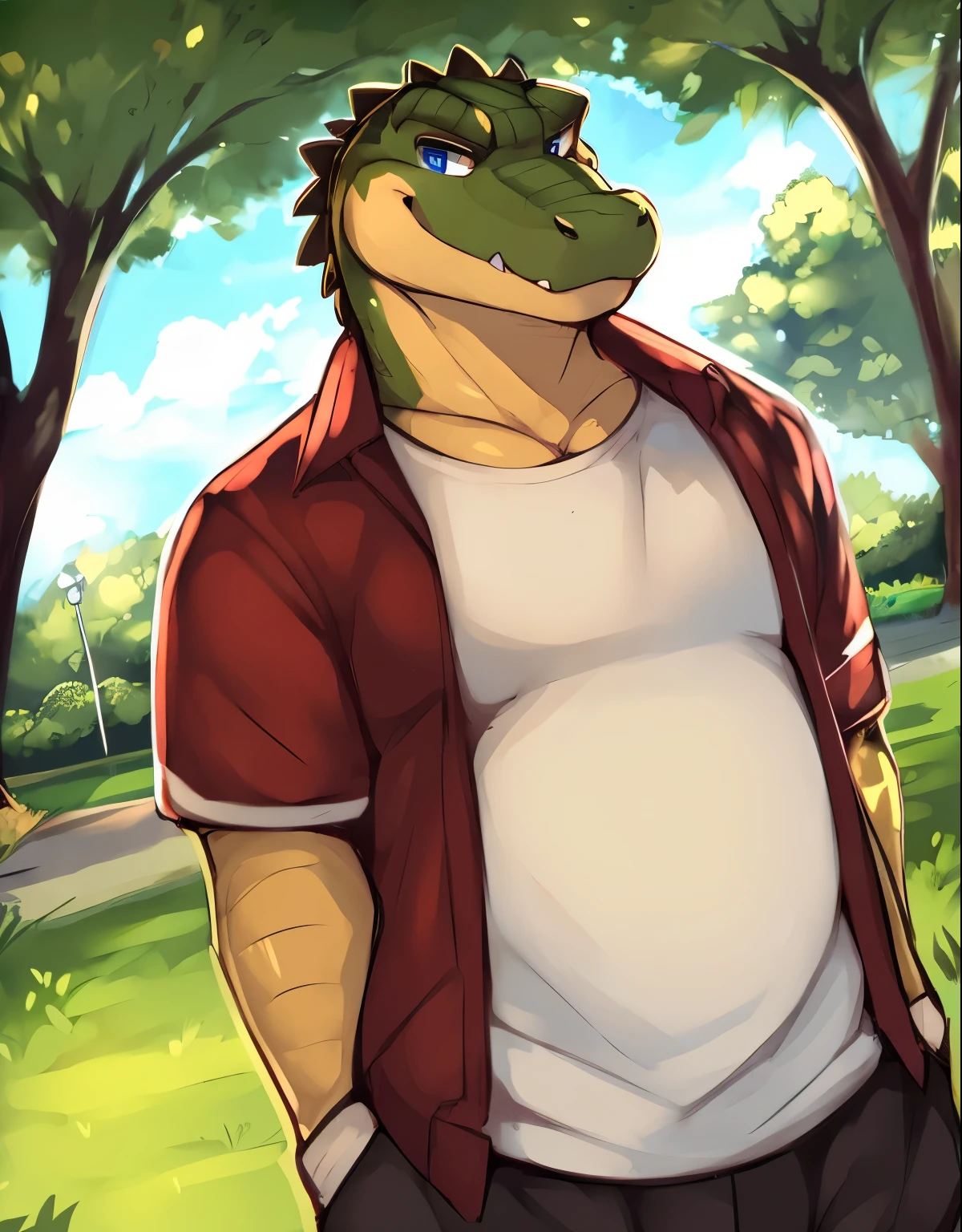 by zackary911, alligator , blue eyes ,clothed, standing, park, manly, looking at viewer, chubby ,close up, solo, casual wear, blushing, erection under clothes