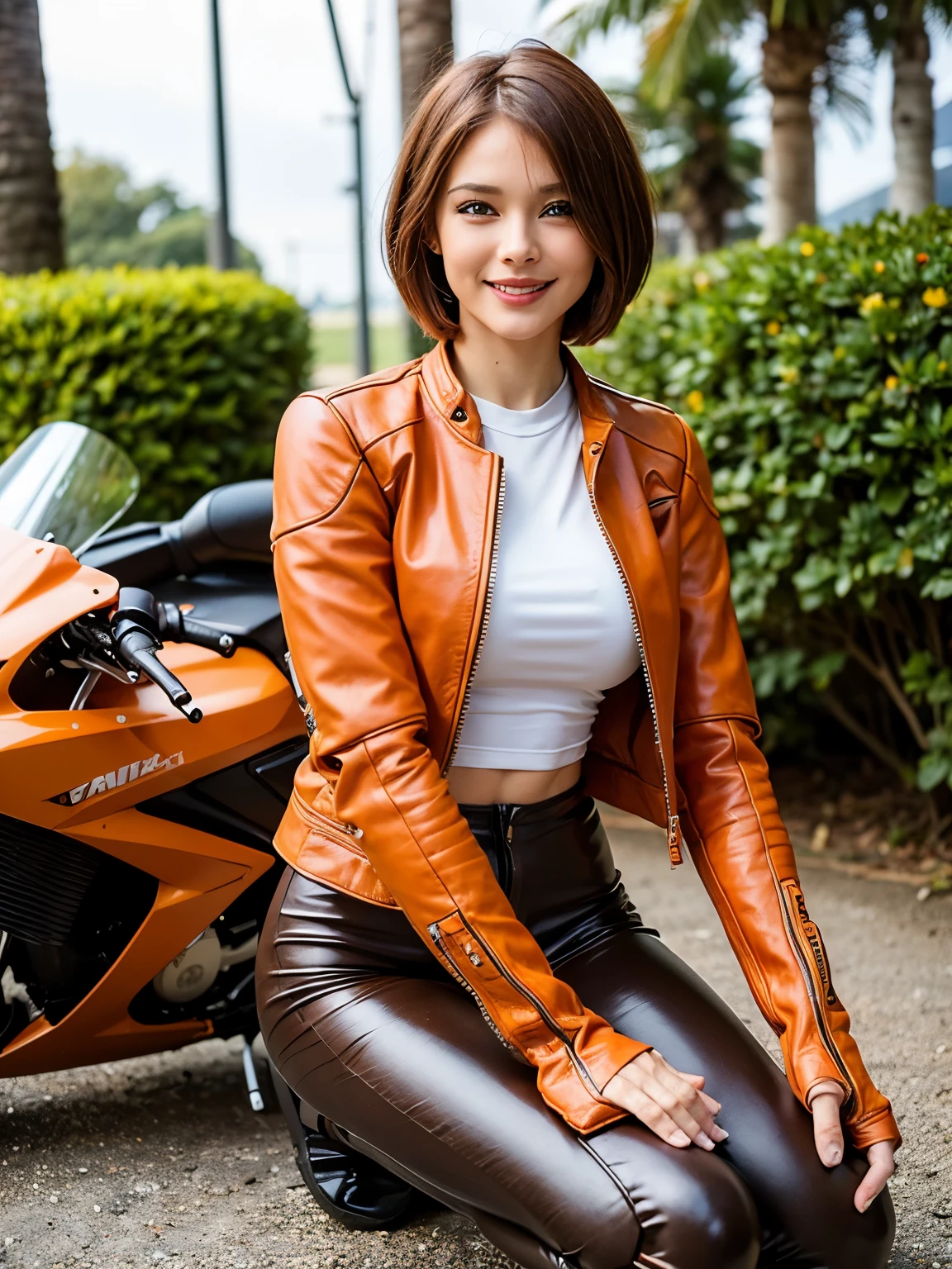 ((best quality)), ((masterpiece)), ((perfect face))、（(detailed motorcycle)）、Detailed and clear photos、((riding a motorcycle))、slender body、long legs、((full body shot))、smile、((Orange long sleeve riding jacket and leather pants))、(((brown short hair)))