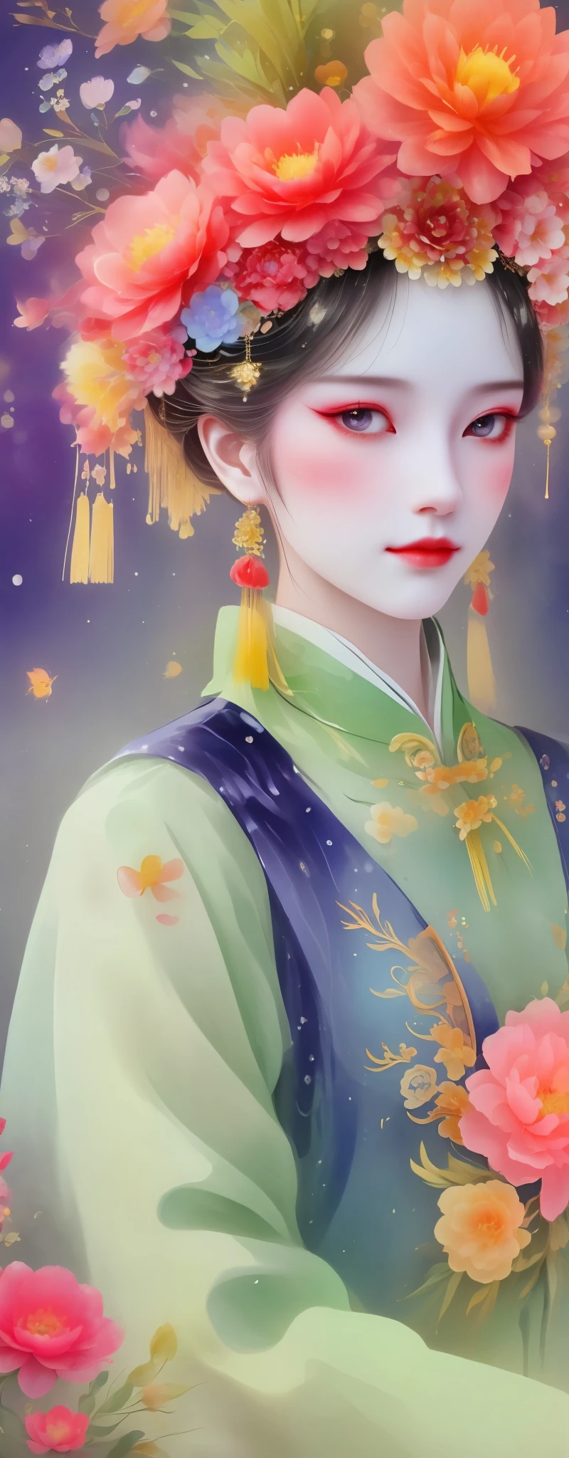 a watercolor painting：wet，flowing water marks。（Below is a portrait of a Chinese princess，exquisite makeup，flower headdress，surrounded by flowers，Chinese elements）。（There&#39;s a mask on it，Clown 3D Mask，hollow，Flowers grow from empty eyes，Flowers blooming on the mask）。Strong wind，petals in the air，Glowing insects in the sky