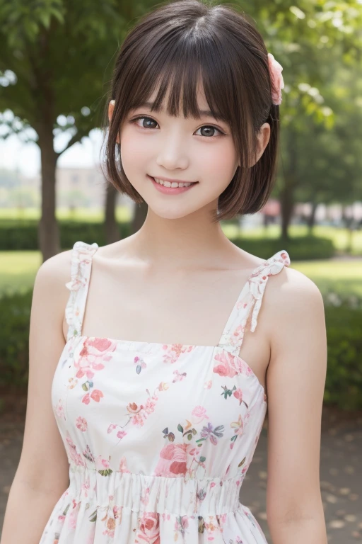 masterpiece, Best Quality, One girl, (a beauty girl, delicate girl:1.3), (:1.3), Very fine eye definition, (Symmetrical eyes:1.3), (lush park), (dress with white and pink floral pattern:1.3), small breasts, Brown eyes, Parted bangs, Brown hair, petit girl, (eyes and faces with detailed:1.0), smile,
