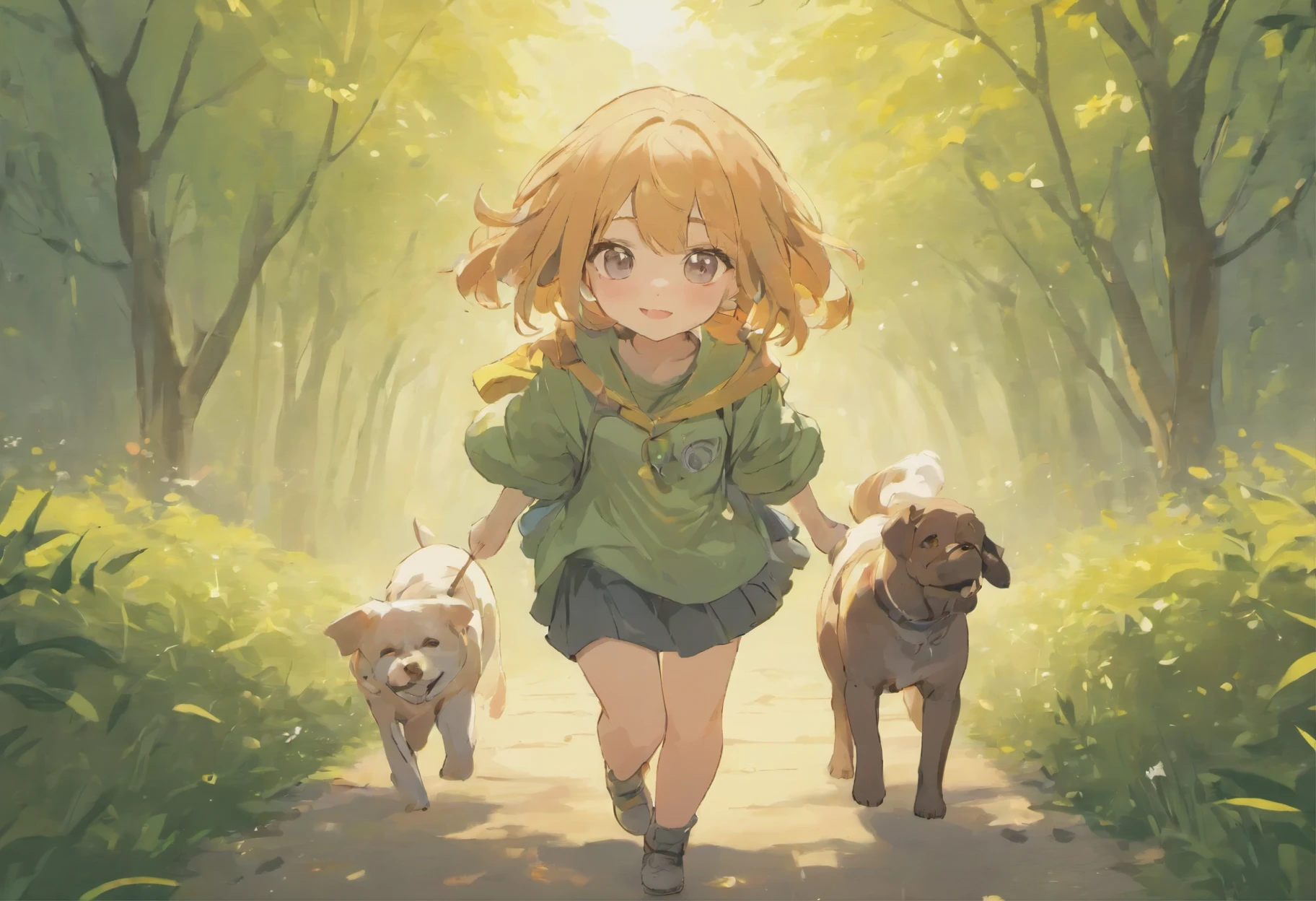 white girl, rosto fino e delicado, cabelos longos e escuros, usando uma camiseta de rock. Walking in the park with two small Yorkshire dogs