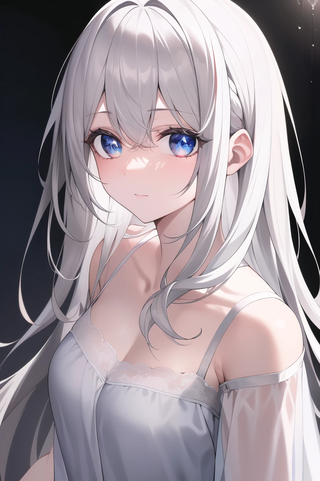 ((masterpiece, best quality))++, detail light+, detail hair+, Detail hand+ ,1 girl, Honey, long gray hair, dark blue eyes, beautiful eyes, Young gray hair,,(beautiful white hair:1.5),(beautiful eyes), high resolution+, a black nightgown, Glass tones, Reflective eyeanyery detail wallpaper, The original, ,