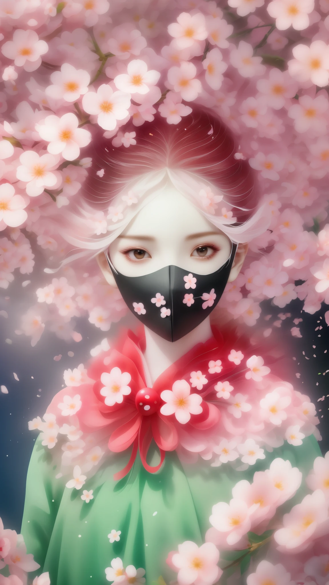 mask in cherry blossoms，White mask surrounded by cherry blossoms，3D mask，Cut-out mask，black，red，green，light and shadow，Actual situation，perfect composition，