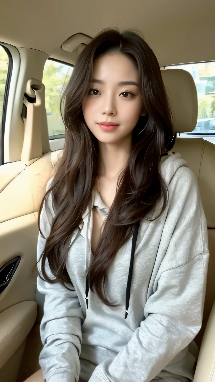 ((top-quality、8k、masterpiece:1.3))、Beautiful woman with perfect body:1.4、slim abdomen:1.2、Longhair, normal breast, Highly detailed facial and skin texture, A detailed eye, delicate eyes, double eyelid, (smile), (full body shot), ((in the car 1.1)), (sitting in the car), ((wearing hoodie)), looking in front