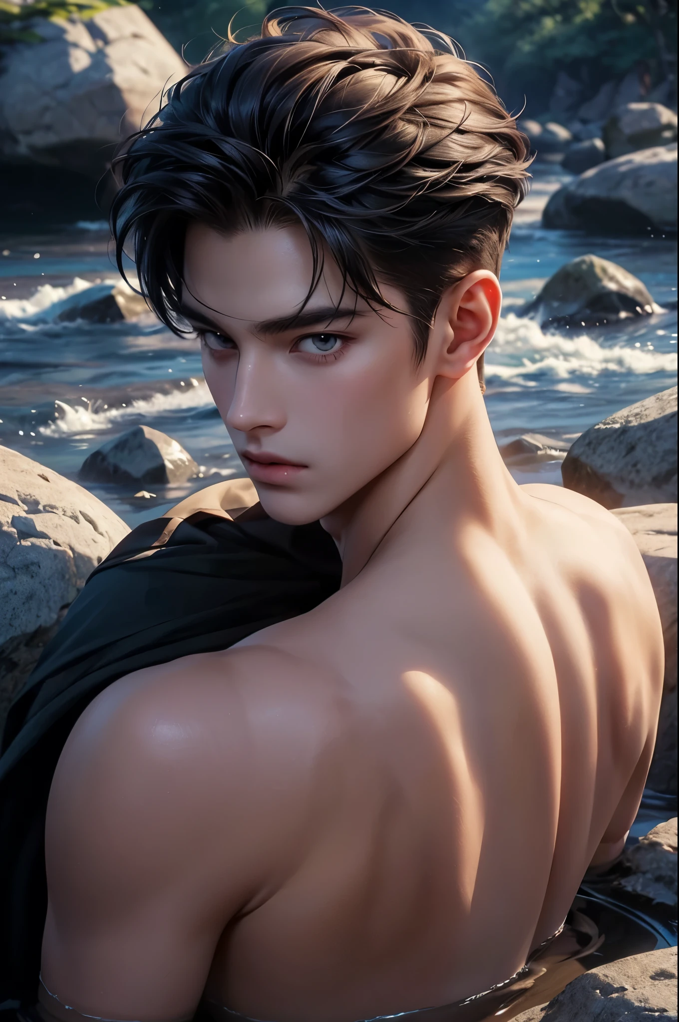 ((Best quality)), ((masterpiece)), (detailed), ((perfect face)), ((halfbody)) handsome face, male, teen boy,  perfect proportions , colorful vibe ((perfect face))arafed male model in a stylish trunks sitting on a rock, by Yang J, yanjun chengt, by Yang Jin, inspired by Yanjun Cheng, male art, handsome anime pose, attractive male deity, handsome japanese demon boy, by Zhou Fang, sakimichan frank franzzeta, by Victor Wang, ig model | artgerm