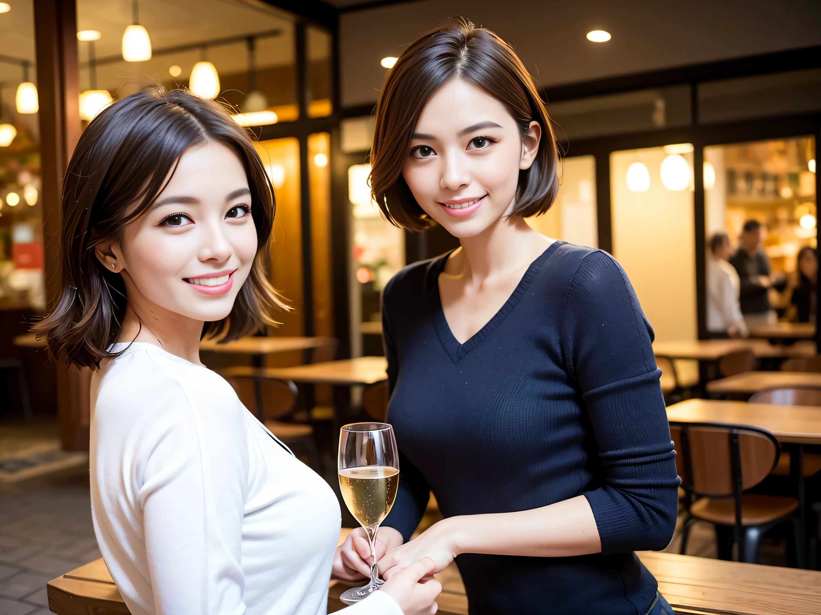 64k, UHD, highest quality, masterpiece: 1.2), (realistic, photorealistic: 1.37), Super detailed, 3 slim beauties, (slim face),Happy、 the best smile、Fox face、Berry Short、(Because I'm slender), (brown hair), (shortcut), long sleeve shirt、winter fashion、Colombian、Brazilian、Japanese、Dutch、German、Portuguese、Belgian、Italian、French,champagne、Sparkling wine、 (burst into laughter), (slim body), (brown hair), (short cut), Neat beauty、cheeks blush a little, (35 years old), 38 years old, alone, A beautiful and detailed night view spreads out outside the window.., restaurant, wine glass is sitting, At night, in a prominent place (from the Upper body) nova frog style, actress, model, Upper body, White wine, slim, wine glass, Super Clean Night View, wine glass Put in the Middle, Happy smile, (smile: 1.15),