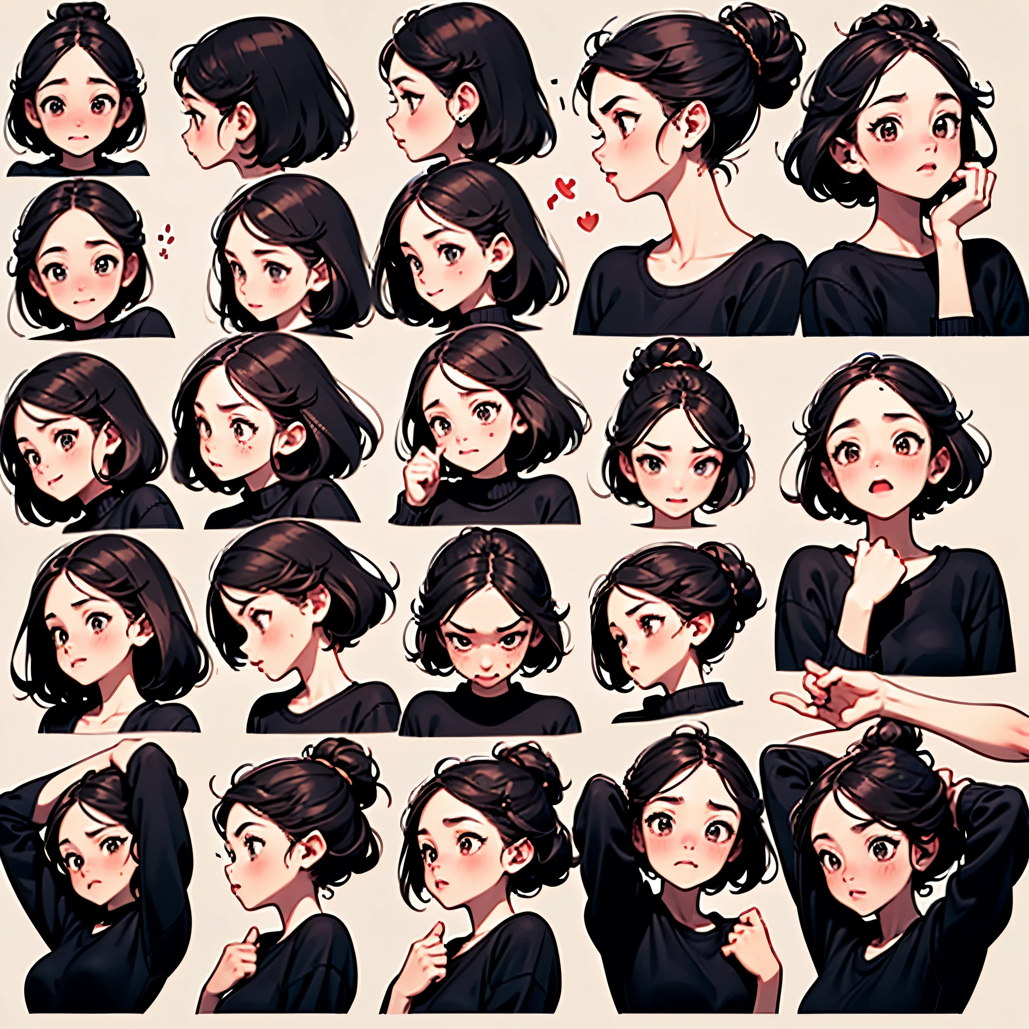 Cute girl avatar，facial expression，(9 emoticons，Emoji table，Alignment)，9 poses and expressions（sad，Surprise，having fun，Excited，giggle，smell the rat，angry，touch your head，Acting cute, wait），Anthropomorphic style，disney style，Black strokes，various emotions，9 poses and expressions，8k