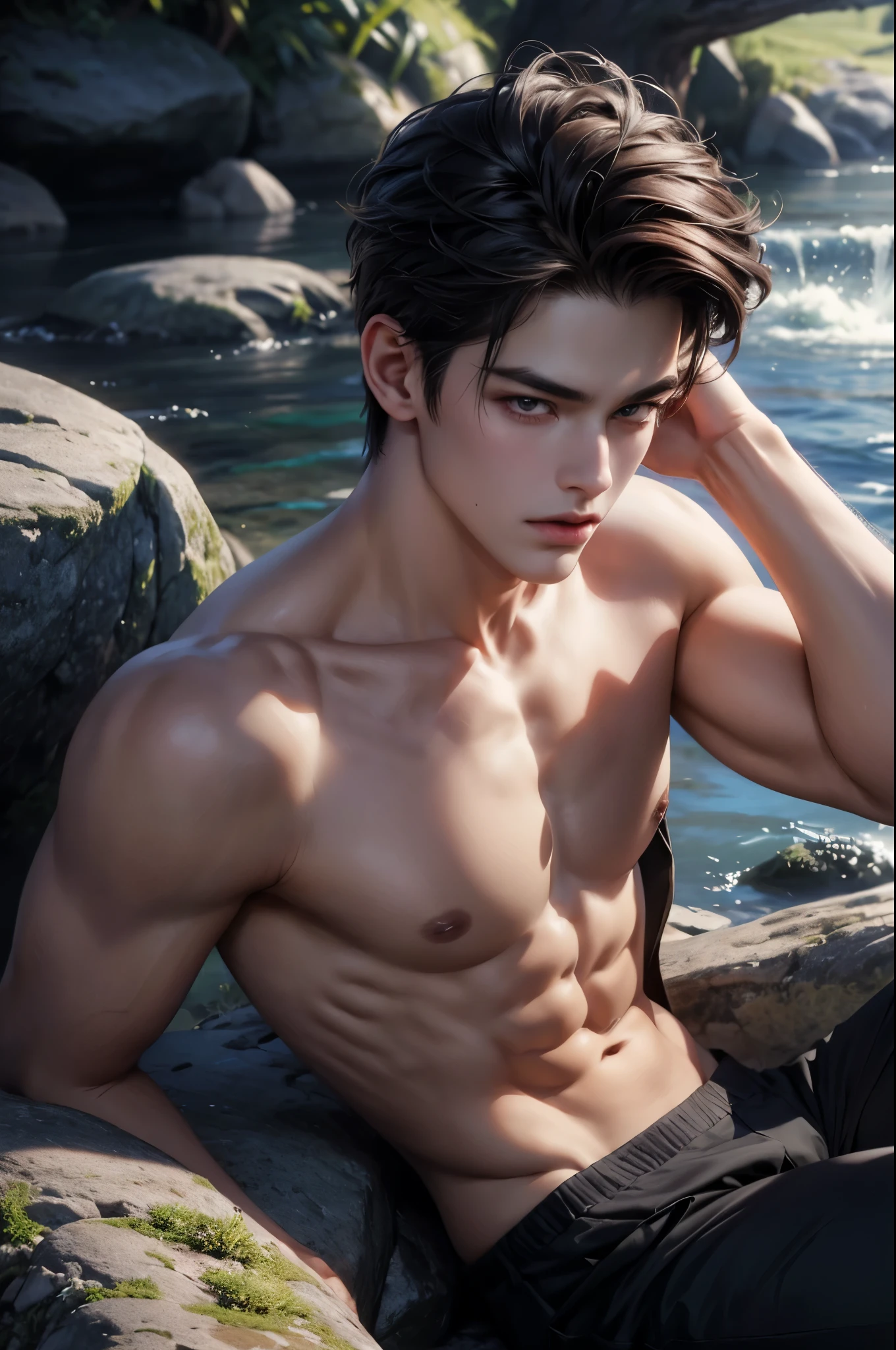 ((Best quality)), ((masterpiece)), (detailed), ((perfect face)), ((halfbody)) handsome face, male, , perfect proportions , colorful vibe ((perfect face))arafed male model in a stylish trunks sitting on a rock, by Yang J, yanjun chengt, by Yang Jin, inspired by Yanjun Cheng, male art, handsome anime pose, attractive male deity, handsome japanese demon boy, by Zhou Fang, sakimichan frank franzzeta, by Victor Wang, ig model | artgerm