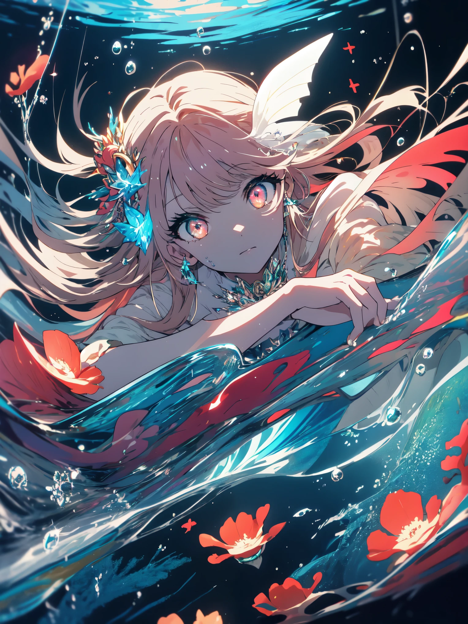 (highest quality、masterpiece、beautiful anime、detailed glowing eyes)、beautiful female mermaid、play the harp、transparent underwater、coral