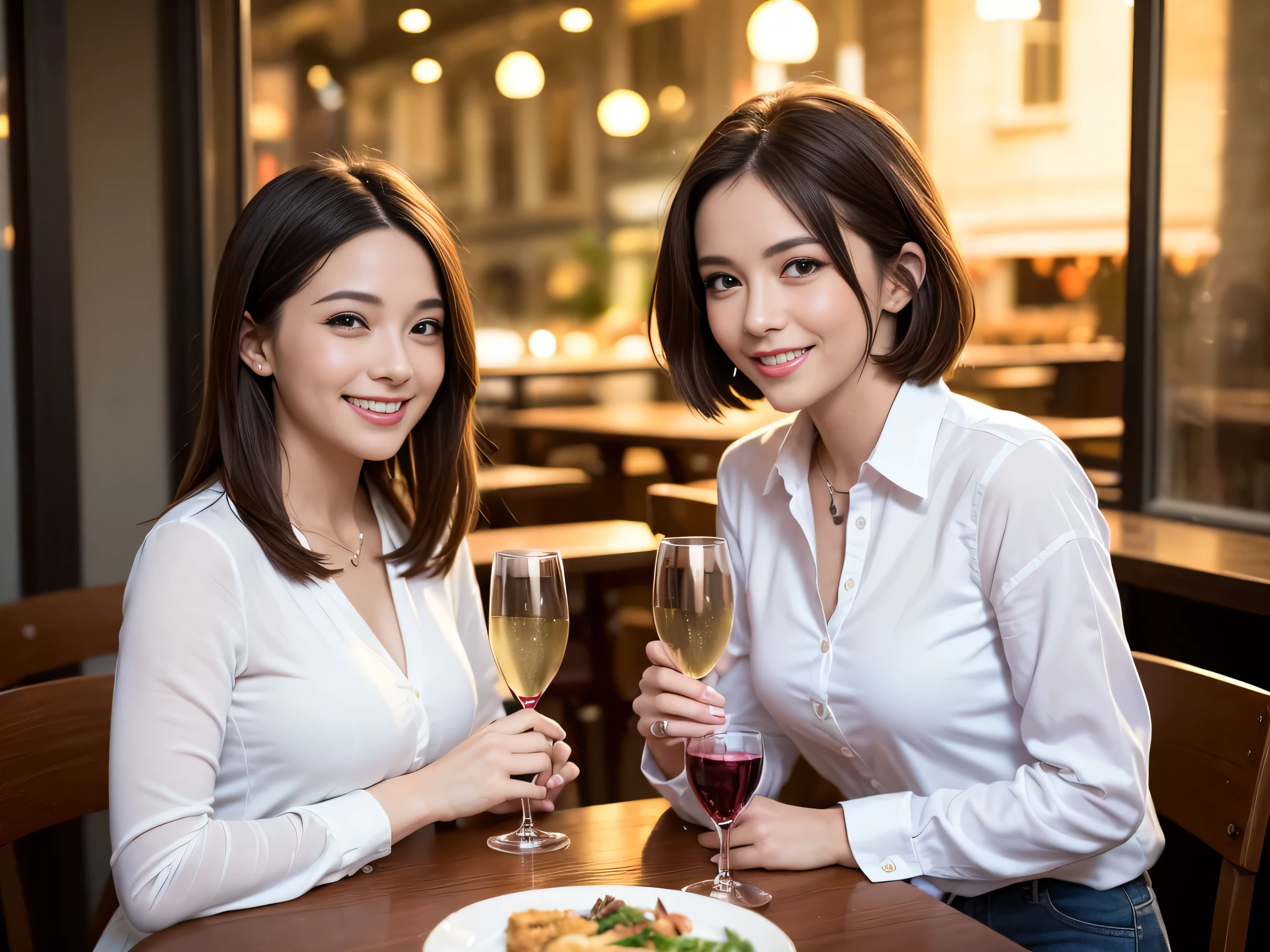 64k, UHD, highest quality, masterpiece: 1.2), (realistic, photorealistic: 1.37), Super detailed, 3 slim beauties, (slim face),Happy、 the best smile、Fox face、Berry Short、(Because I'm slender), (brown hair), (shortcut), long sleeve shirt、winter fashion、Colombian、Brazilian、Japanese、Dutch、German、Portuguese、Belgian、Italian、French,champagne、Sparkling wine、 (burst into laughter), (slim body), (brown hair), (short cut), Neat beauty、cheeks blush a little, (35 years old), 38 years old, alone, A beautiful and detailed night view spreads out outside the window.., restaurant, wine glass is sitting, At night, in a prominent place (from the Upper body) nova frog style, actress, model, Upper body, White wine, slim, wine glass, Super Clean Night View, wine glass Put in the Middle, Happy smile, (smile: 1.15),